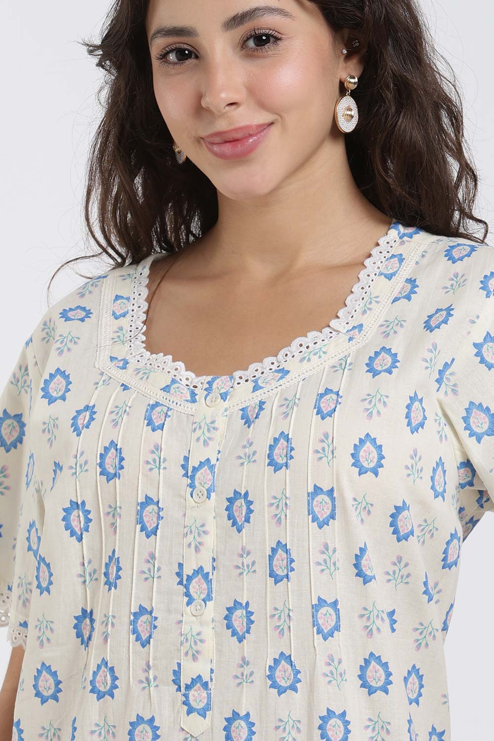 Naidu Hall Printed Cotton Nighty for Women – Full Length A-Line Sleepwear with Lace Detail | Comfortable Daily Wear Nighty
 - NB43