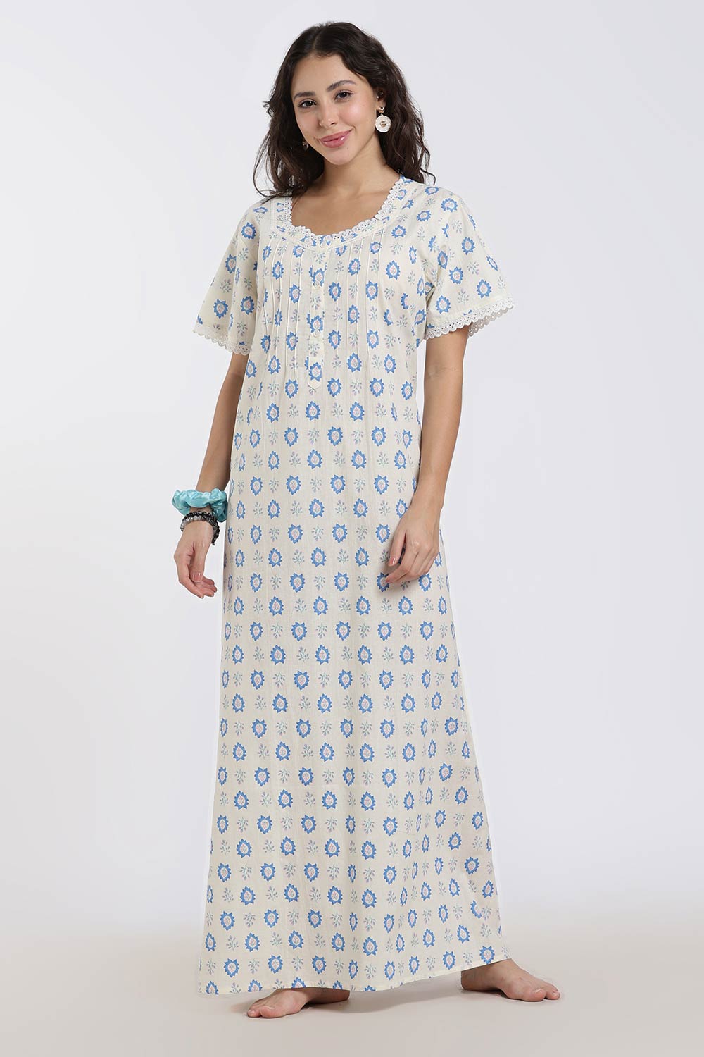 Naidu Hall Printed Cotton Nighty for Women – Full Length A-Line Sleepwear with Lace Detail | Comfortable Daily Wear Nighty
 - NB43