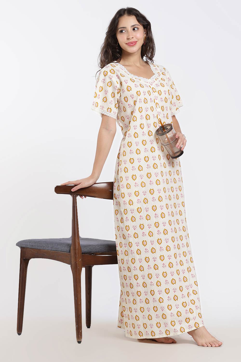 Naidu Hall Printed Cotton Nighty for Women – Full Length A-Line Sleepwear with Lace Detail | Comfortable Daily Wear Nighty
 - NB43