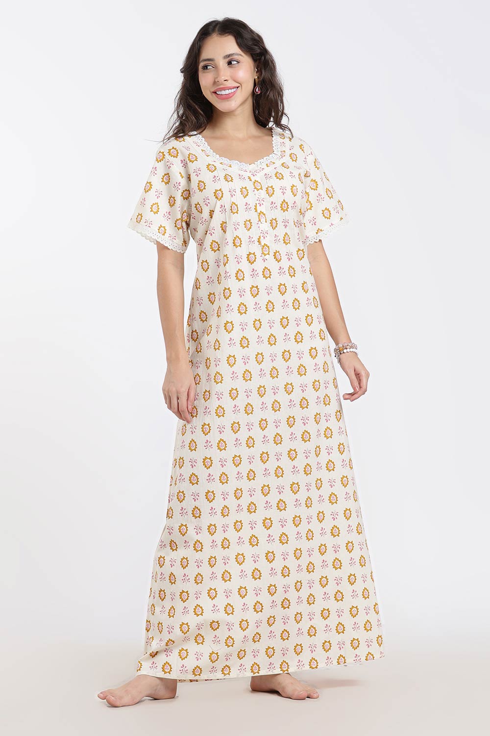 Naidu Hall Printed Cotton Nighty for Women – Full Length A-Line Sleepwear with Lace Detail | Comfortable Daily Wear Nighty
 - NB43