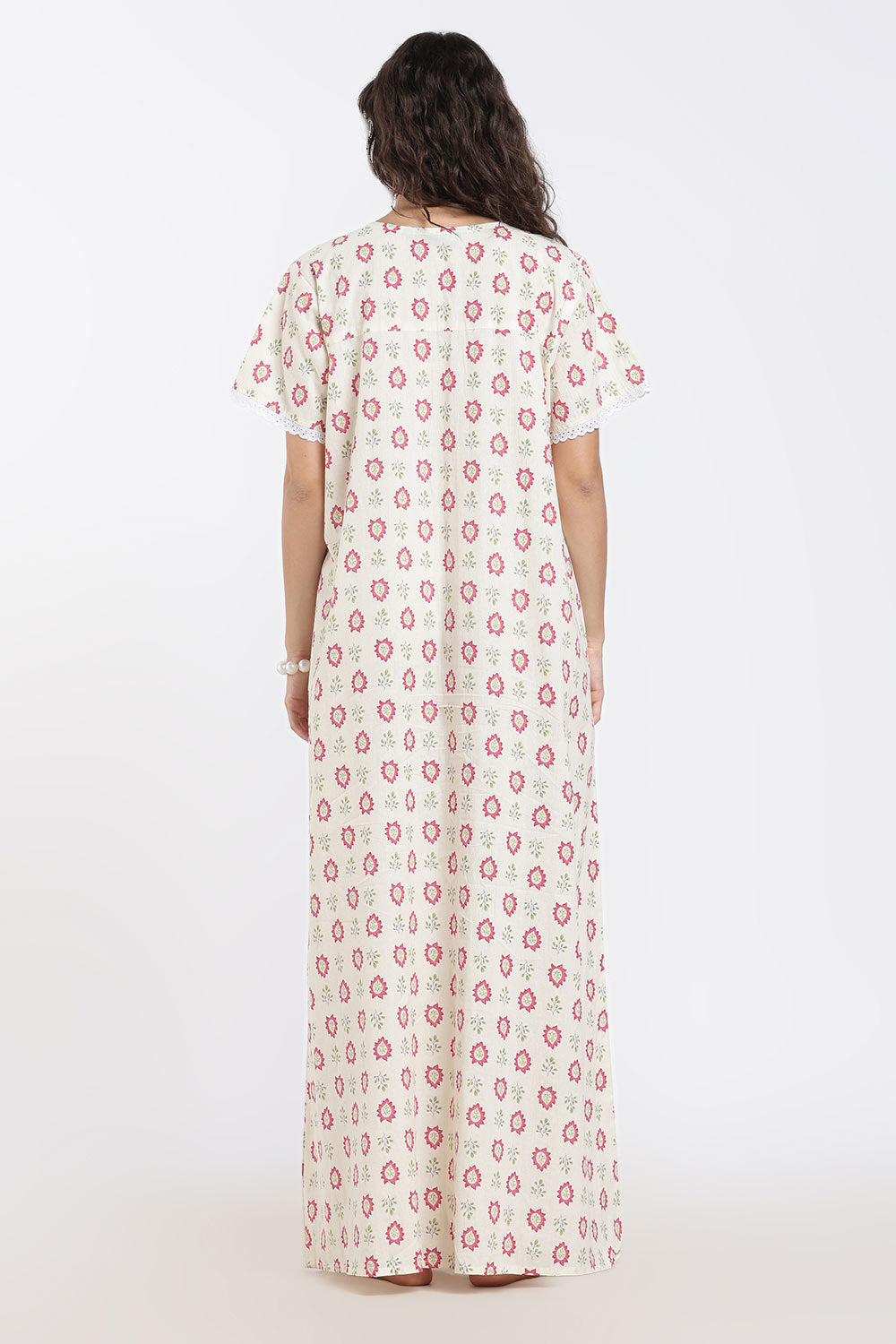 Naidu Hall Printed Cotton Nighty for Women – Full Length A-Line Sleepwear with Lace Detail | Comfortable Daily Wear Nighty
 - NB43
