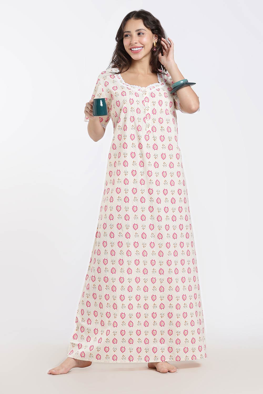 Naidu Hall Printed Cotton Nighty for Women – Full Length A-Line Sleepwear with Lace Detail | Comfortable Daily Wear Nighty
 - NB43