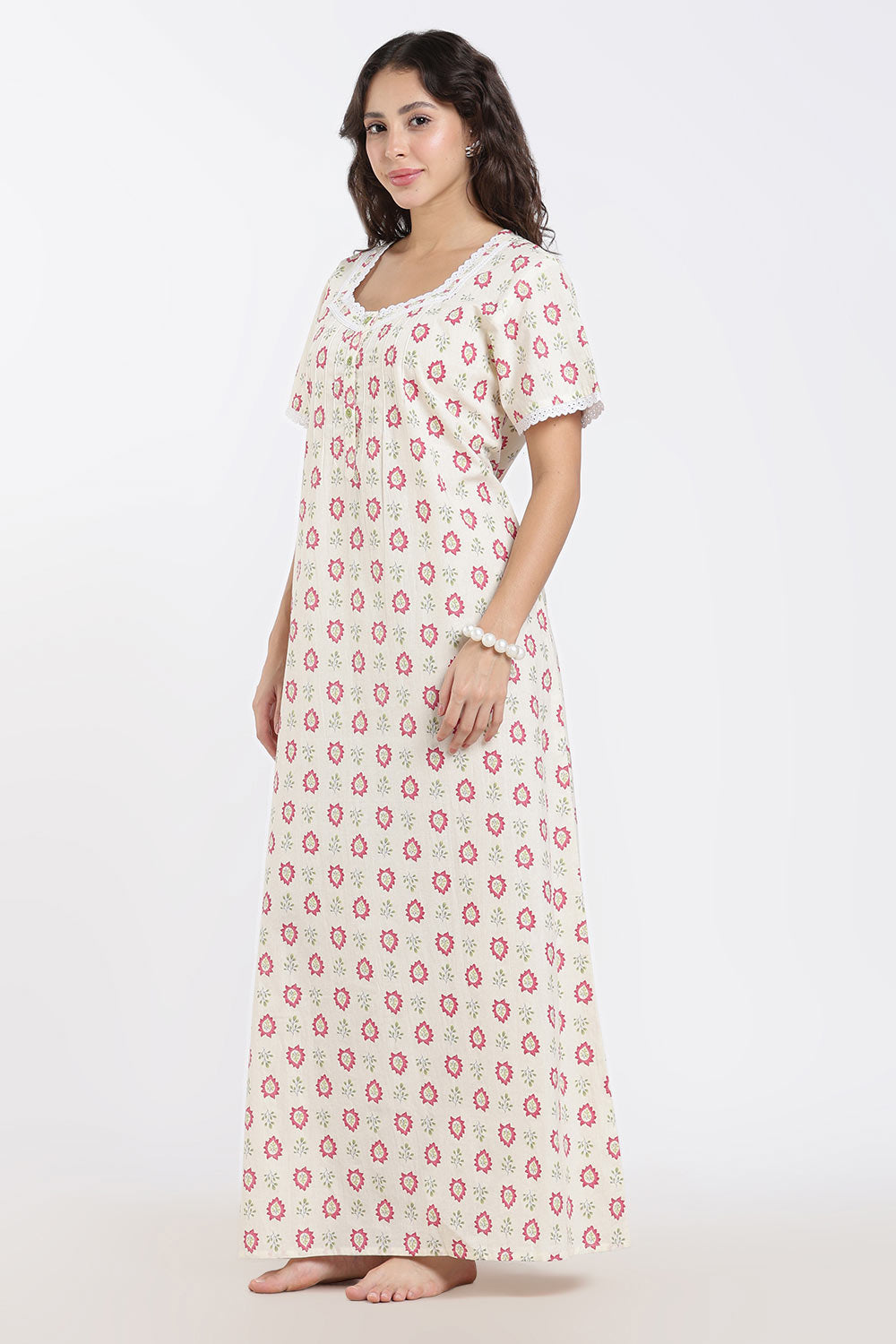 Naidu Hall Printed Cotton Nighty for Women – Full Length A-Line Sleepwear with Lace Detail | Comfortable Daily Wear Nighty
 - NB43