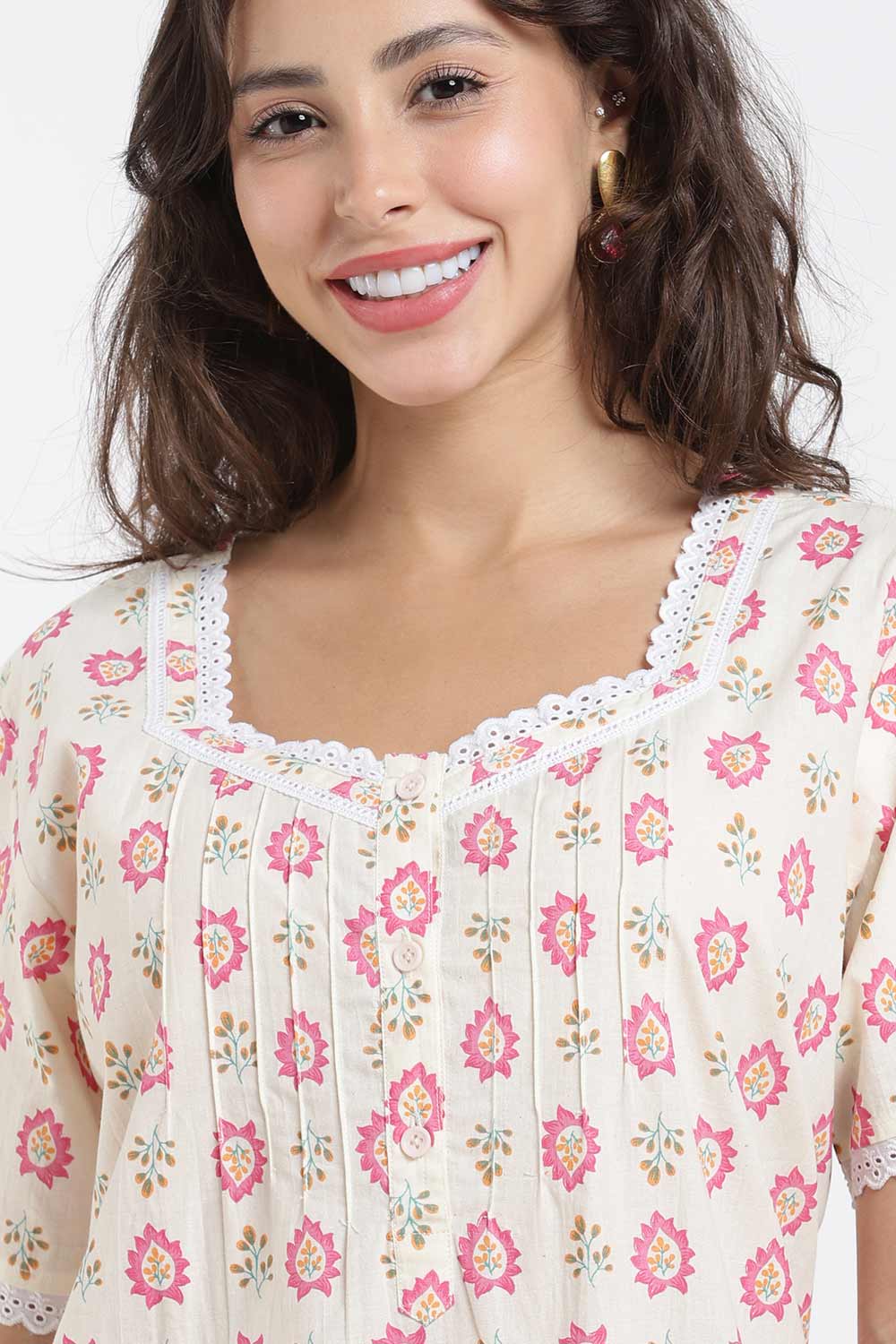 Naidu Hall Printed Cotton Nighty for Women – Full Length A-Line Sleepwear with Lace Detail | Comfortable Daily Wear Nighty
 - NB43