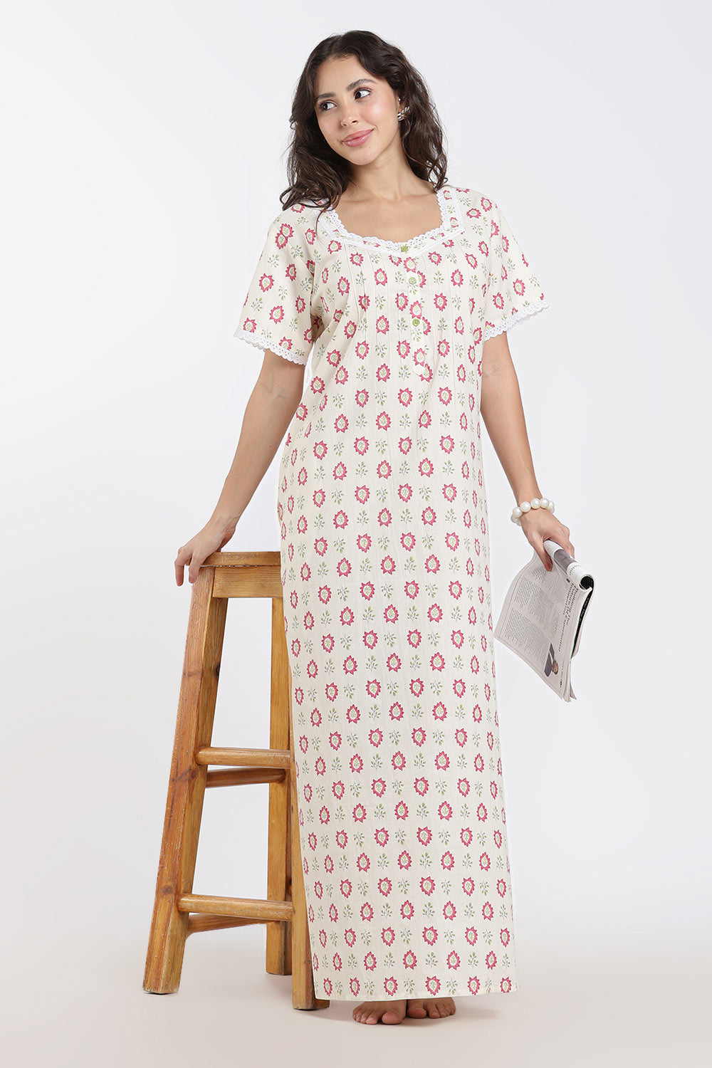 Naidu Hall Printed Cotton Nighty for Women – Full Length A-Line Sleepwear with Lace Detail | Comfortable Daily Wear Nighty
 - NB43