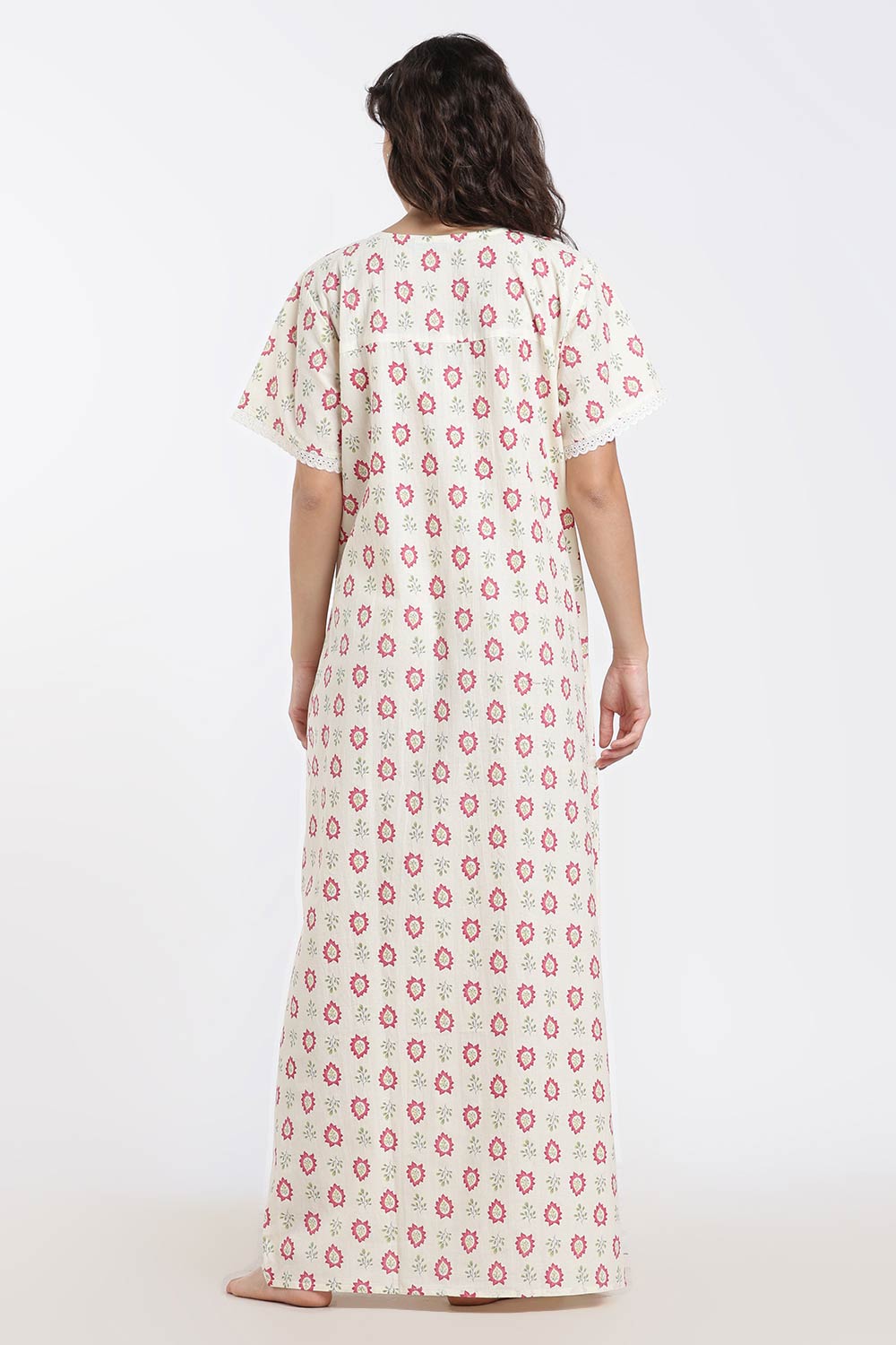 Naidu Hall Printed Cotton Nighty for Women – Full Length A-Line Sleepwear with Lace Detail | Comfortable Daily Wear Nighty
 - NB43