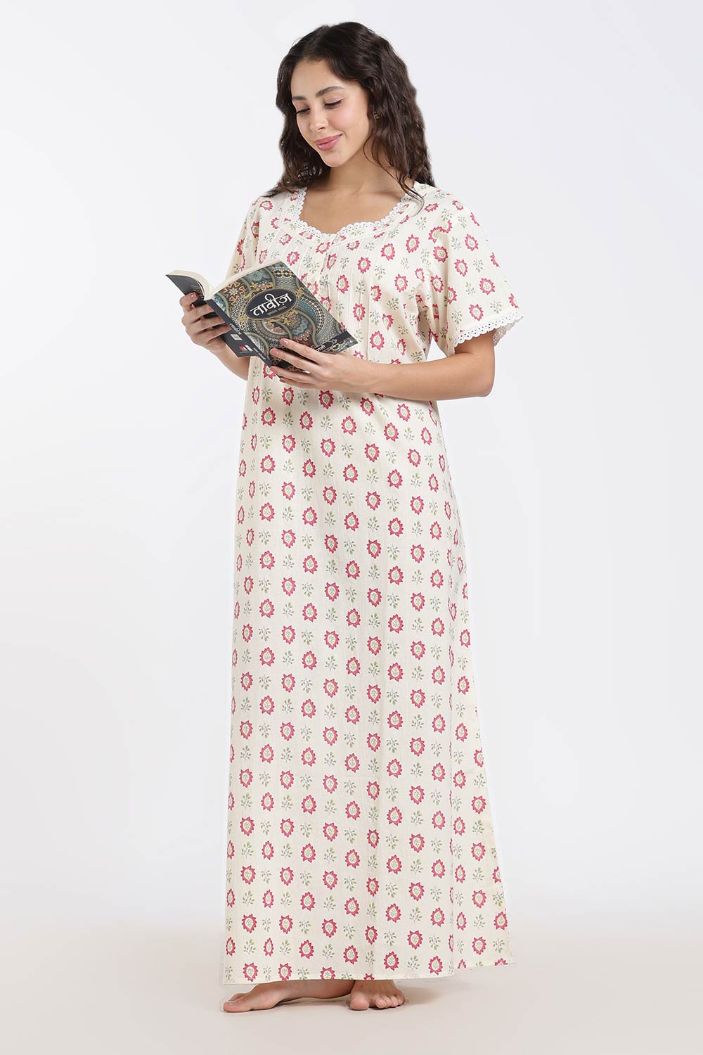 Naidu Hall Printed Cotton Nighty for Women – Full Length A-Line Sleepwear with Lace Detail | Comfortable Daily Wear Nighty
 - NB43