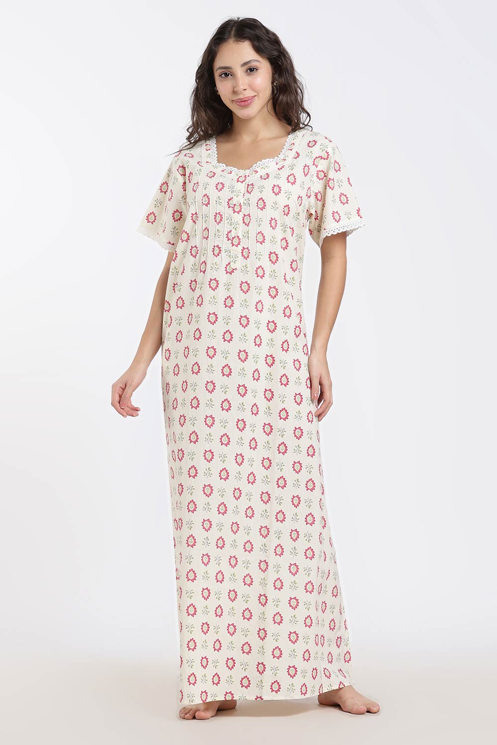 Naidu Hall Printed Cotton Nighty for Women – Full Length A-Line Sleepwear with Lace Detail | Comfortable Daily Wear Nighty
 - NB43