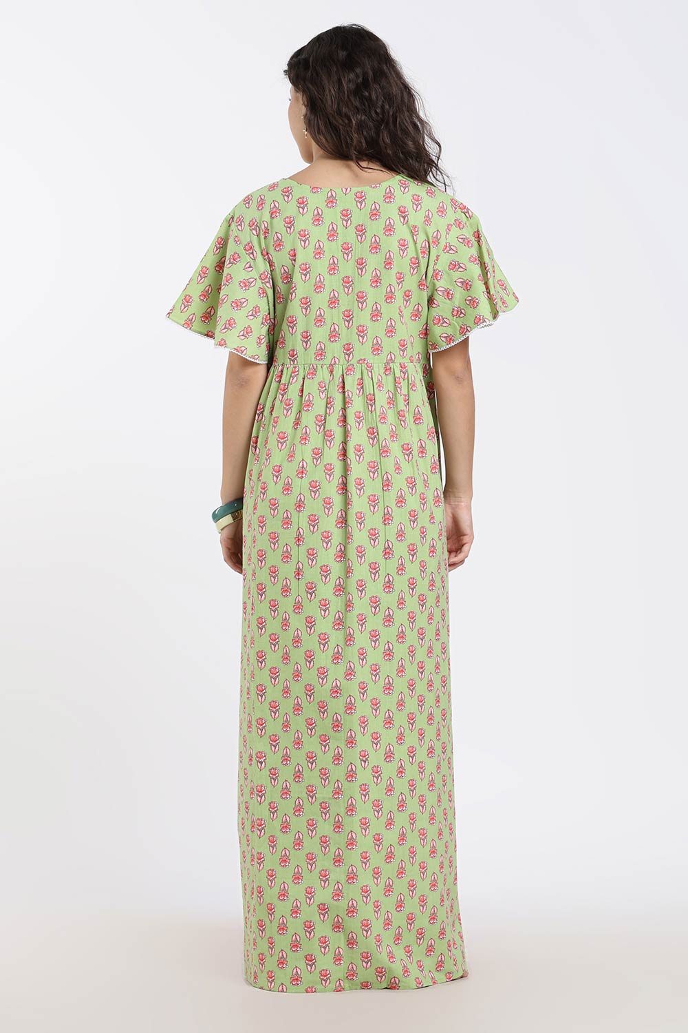 Naidu Hall Printed Cotton Nighty for Women – Full Length Flared A-Line Sleepwear with Lace V-Neck & Button Placket | Comfortable Daily Wear Nighty
 - NB44