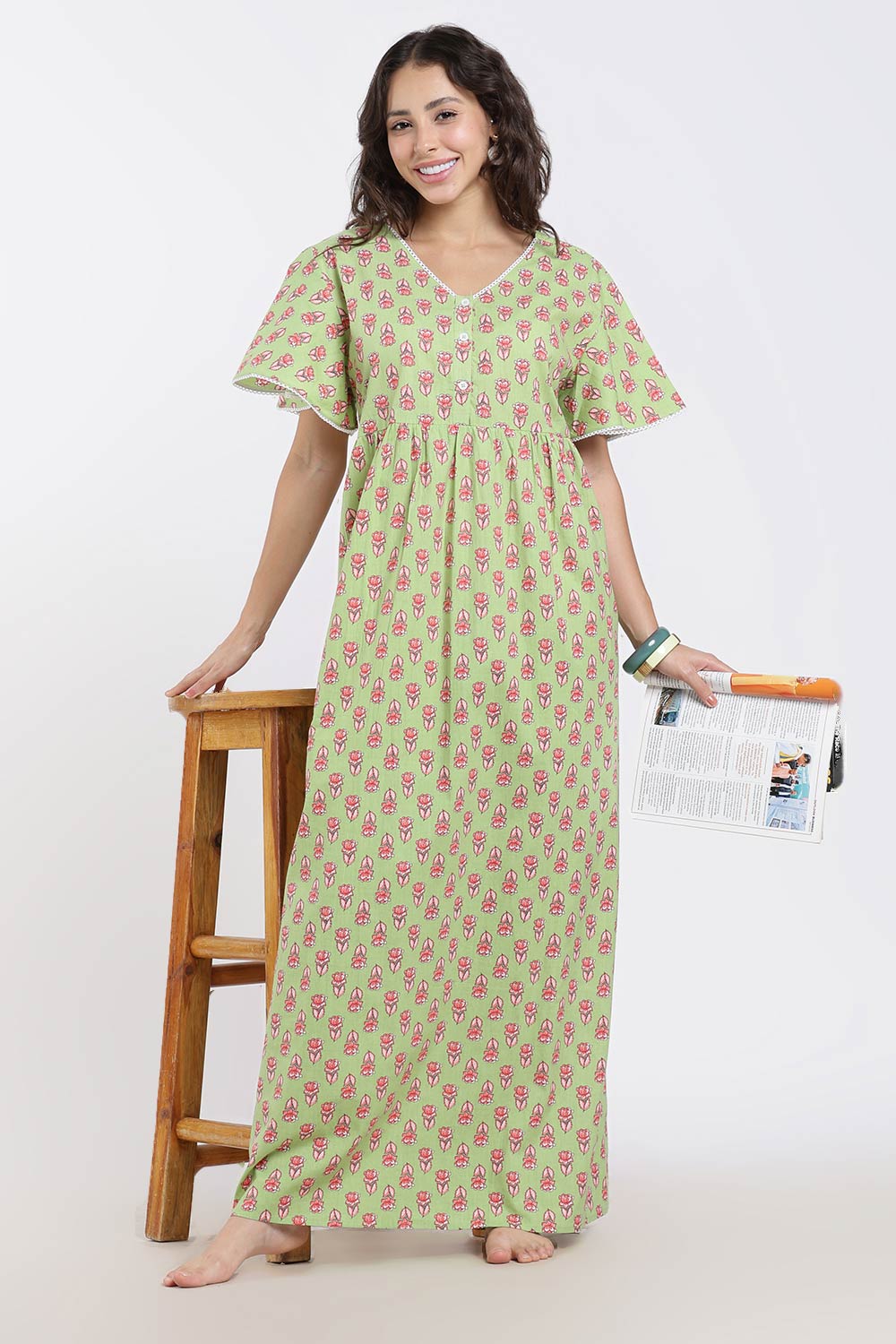 Naidu Hall Printed Cotton Nighty for Women – Full Length Flared A-Line Sleepwear with Lace V-Neck & Button Placket | Comfortable Daily Wear Nighty
 - NB44