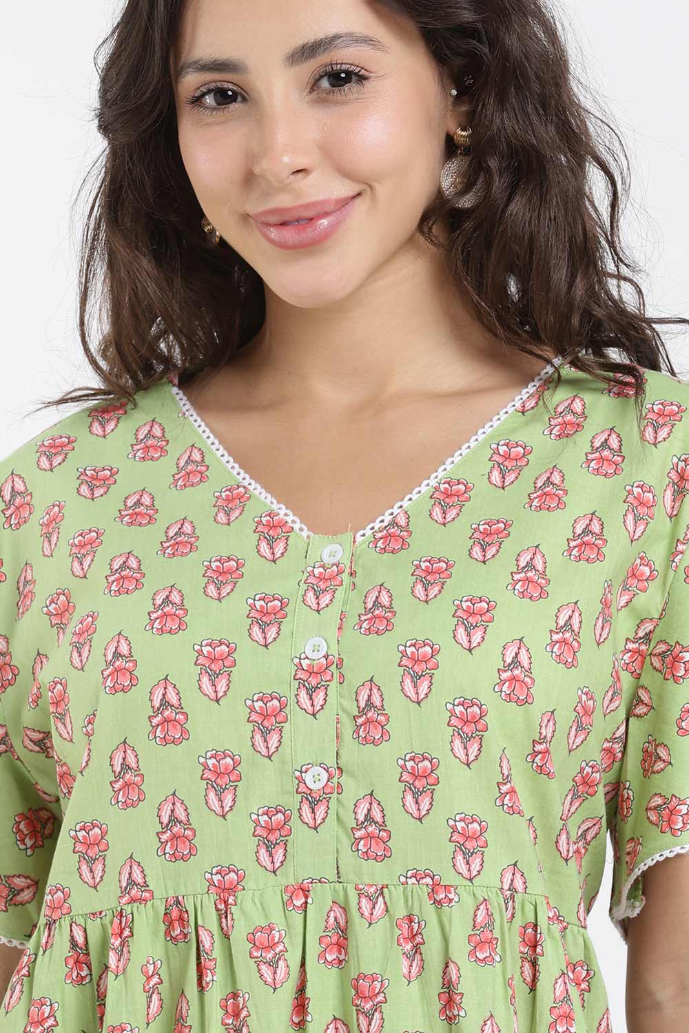 Naidu Hall Printed Cotton Nighty for Women – Full Length Flared A-Line Sleepwear with Lace V-Neck & Button Placket | Comfortable Daily Wear Nighty
 - NB44