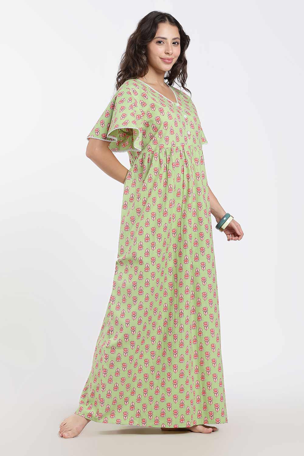 Naidu Hall Printed Cotton Nighty for Women – Full Length Flared A-Line Sleepwear with Lace V-Neck & Button Placket | Comfortable Daily Wear Nighty
 - NB44