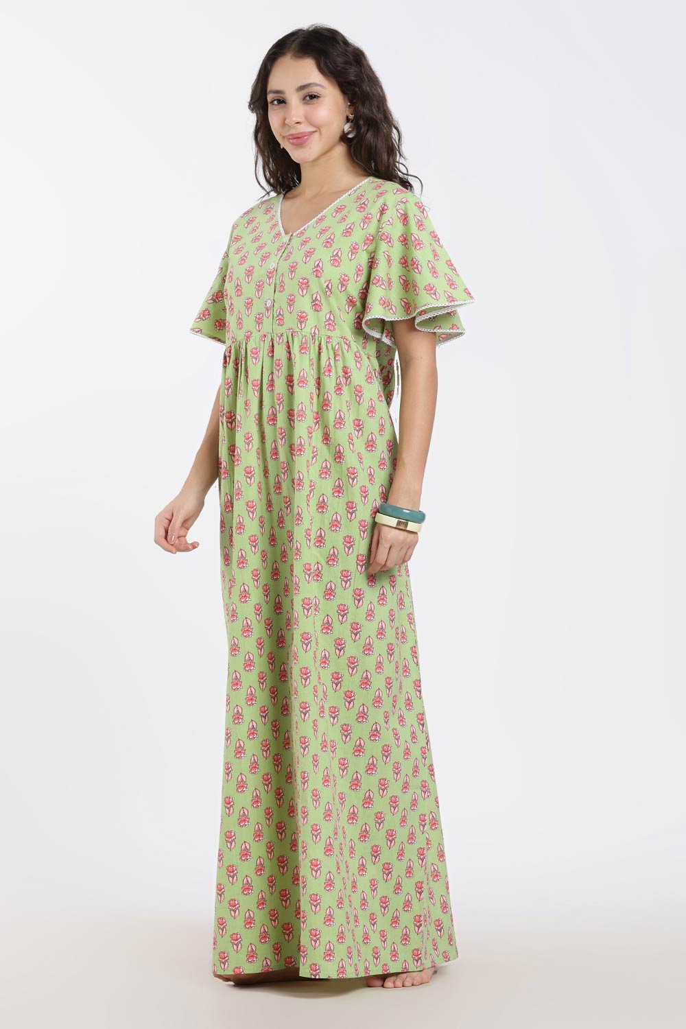 Naidu Hall Printed Cotton Nighty for Women – Full Length Flared A-Line Sleepwear with Lace V-Neck & Button Placket | Comfortable Daily Wear Nighty
 - NB44