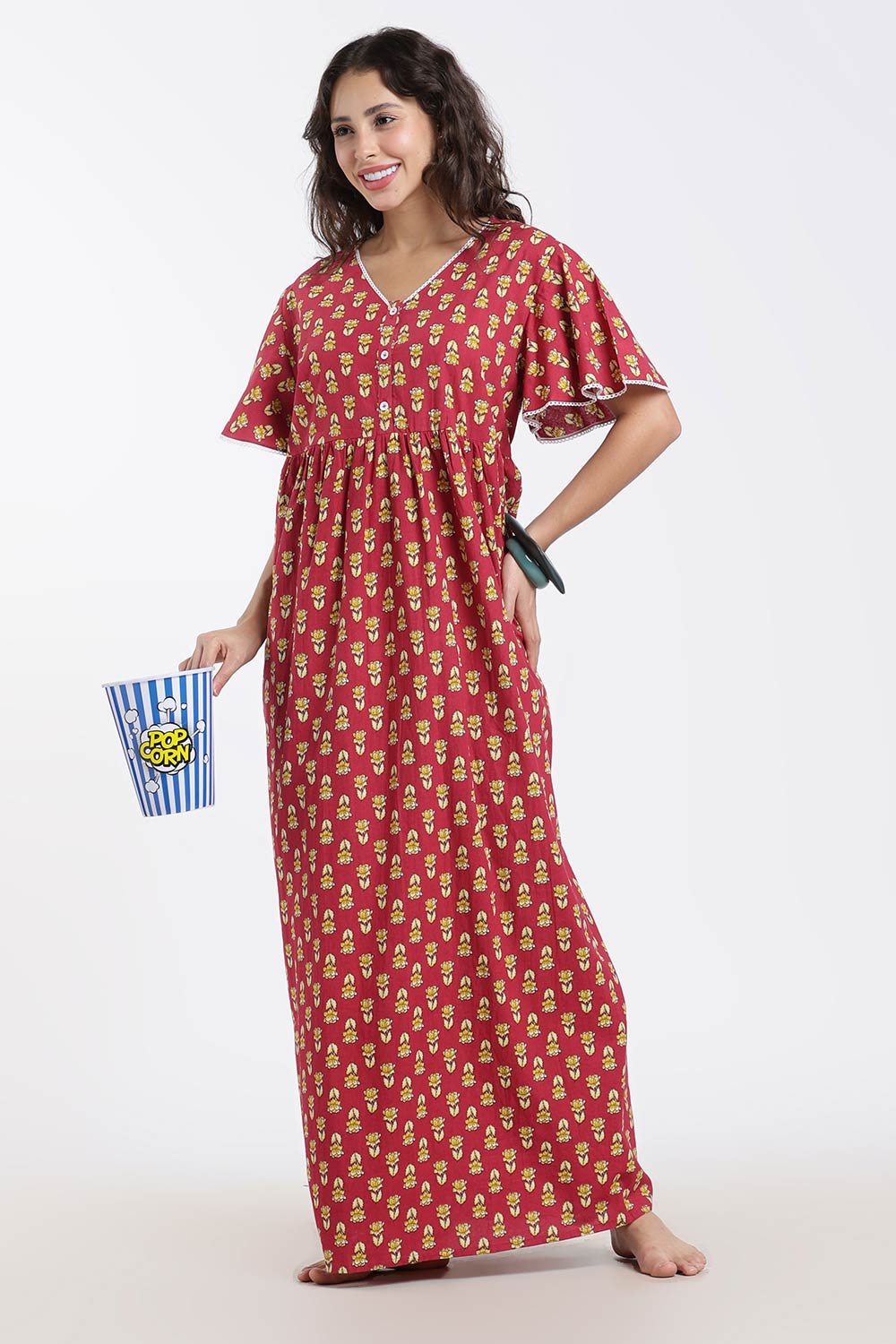 Naidu Hall Printed Cotton Nighty for Women – Full Length Flared A-Line Sleepwear with Lace V-Neck & Button Placket | Comfortable Daily Wear Nighty
 - NB44