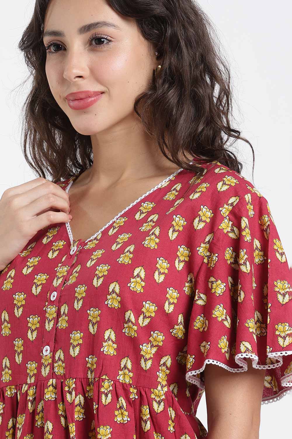 Naidu Hall Printed Cotton Nighty for Women – Full Length Flared A-Line Sleepwear with Lace V-Neck & Button Placket | Comfortable Daily Wear Nighty
 - NB44