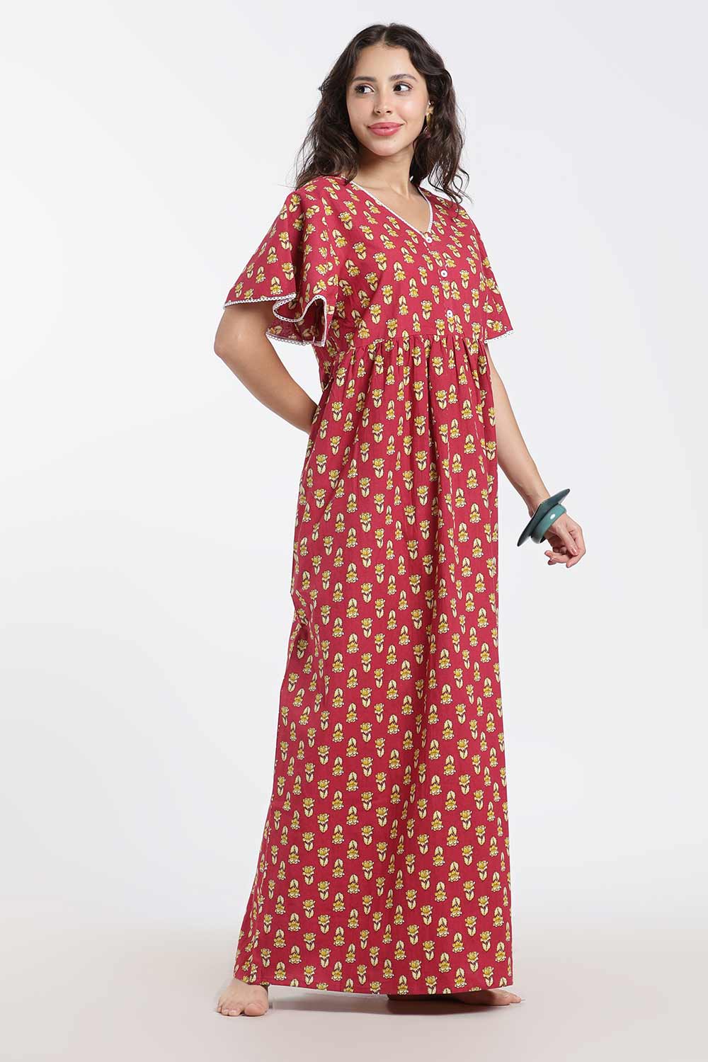 Naidu Hall Printed Cotton Nighty for Women – Full Length Flared A-Line Sleepwear with Lace V-Neck & Button Placket | Comfortable Daily Wear Nighty
 - NB44