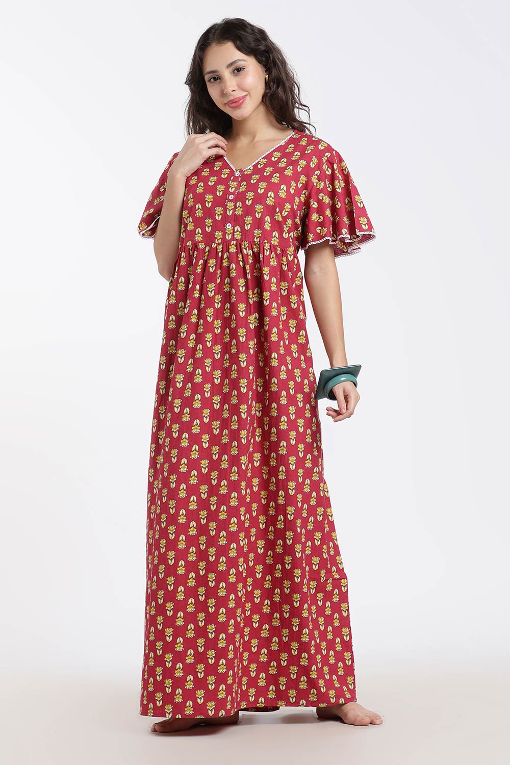 Naidu Hall Printed Cotton Nighty for Women – Full Length Flared A-Line Sleepwear with Lace V-Neck & Button Placket | Comfortable Daily Wear Nighty
 - NB44