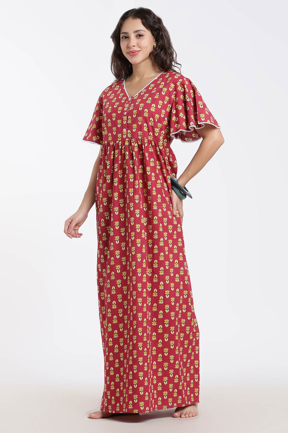 Naidu Hall Printed Cotton Nighty for Women – Full Length Flared A-Line Sleepwear with Lace V-Neck & Button Placket | Comfortable Daily Wear Nighty
 - NB44