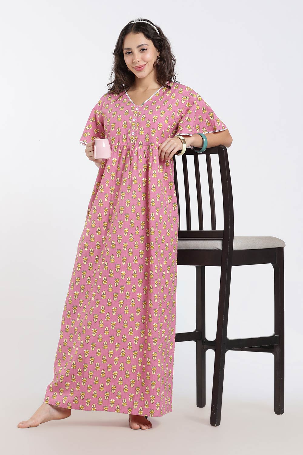 Naidu Hall Printed Cotton Nighty for Women – Full Length Flared A-Line Sleepwear with Lace V-Neck & Button Placket | Comfortable Daily Wear Nighty
 - NB44