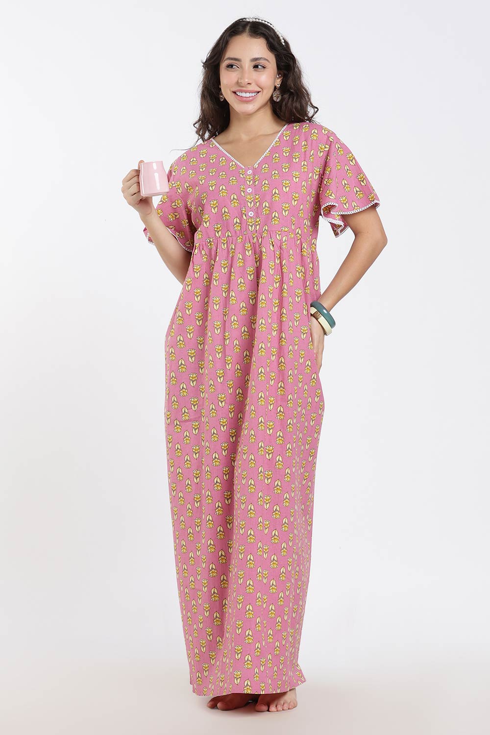 Naidu Hall Printed Cotton Nighty for Women – Full Length Flared A-Line Sleepwear with Lace V-Neck & Button Placket | Comfortable Daily Wear Nighty
 - NB44