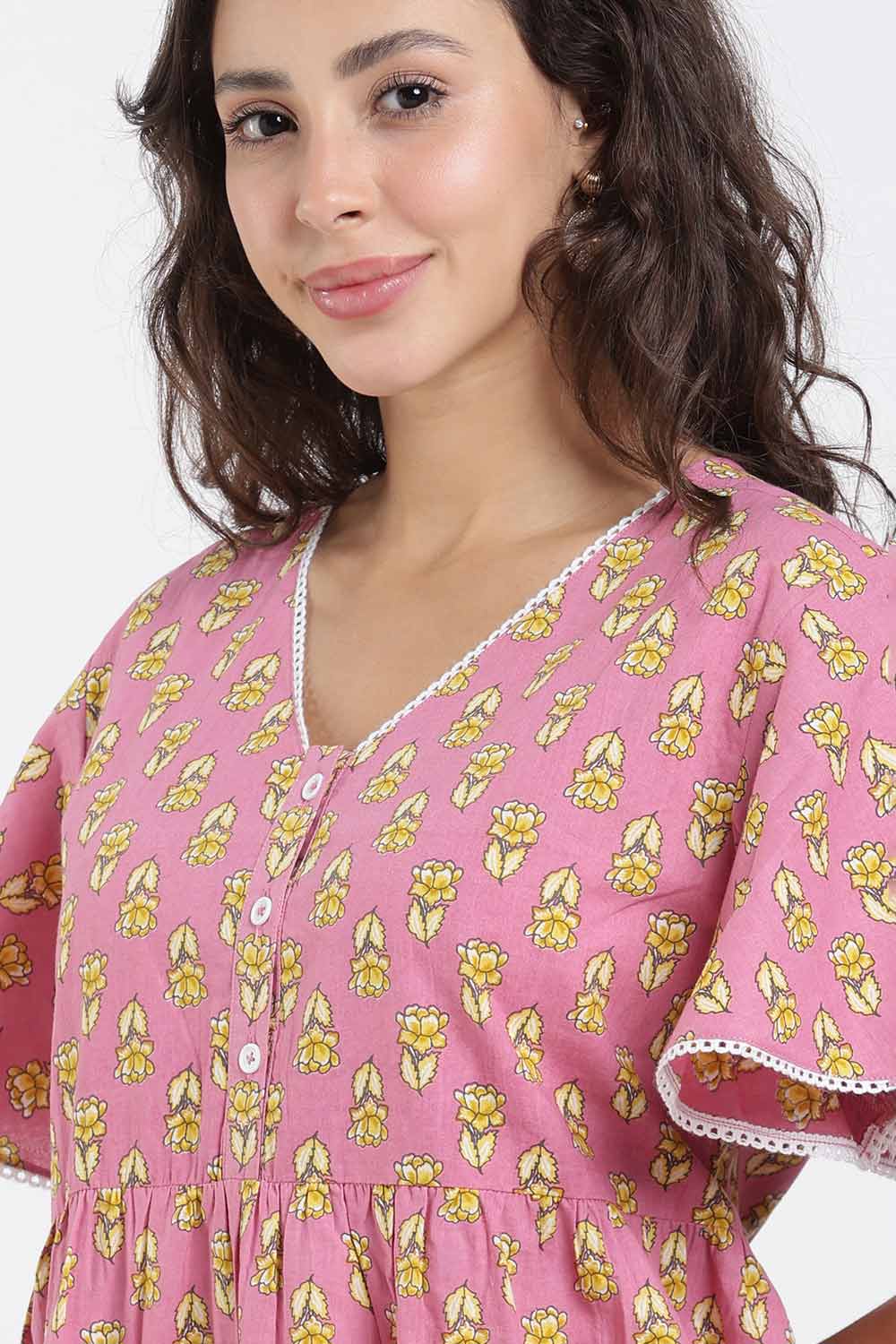 Naidu Hall Printed Cotton Nighty for Women – Full Length Flared A-Line Sleepwear with Lace V-Neck & Button Placket | Comfortable Daily Wear Nighty
 - NB44