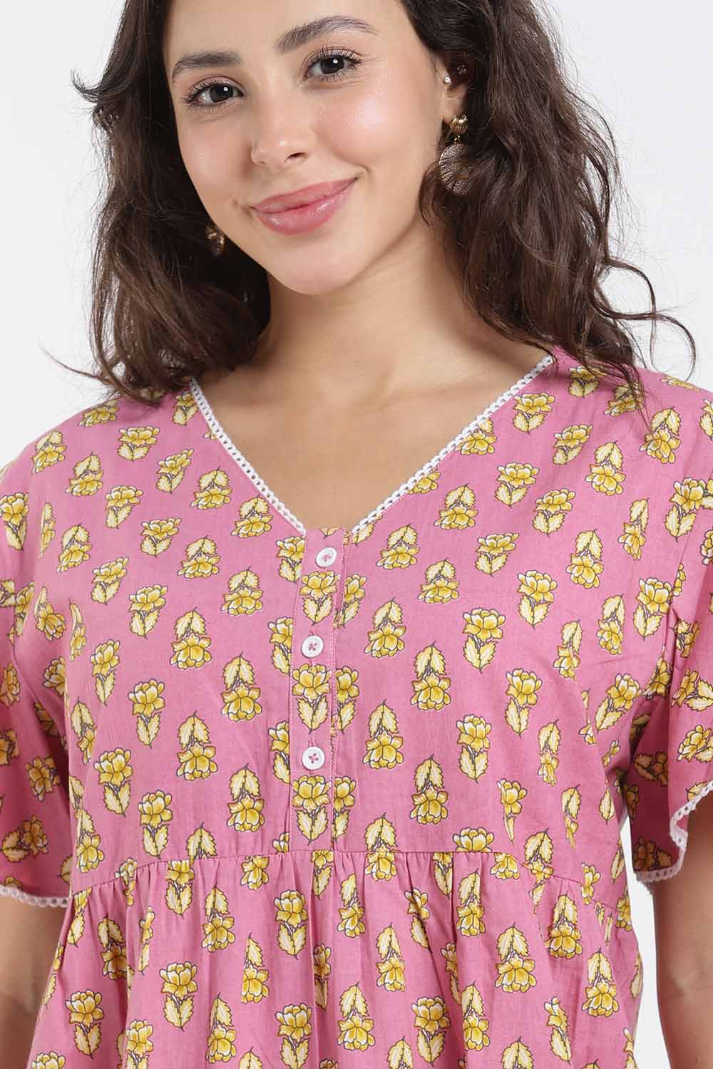 Naidu Hall Printed Cotton Nighty for Women – Full Length Flared A-Line Sleepwear with Lace V-Neck & Button Placket | Comfortable Daily Wear Nighty
 - NB44