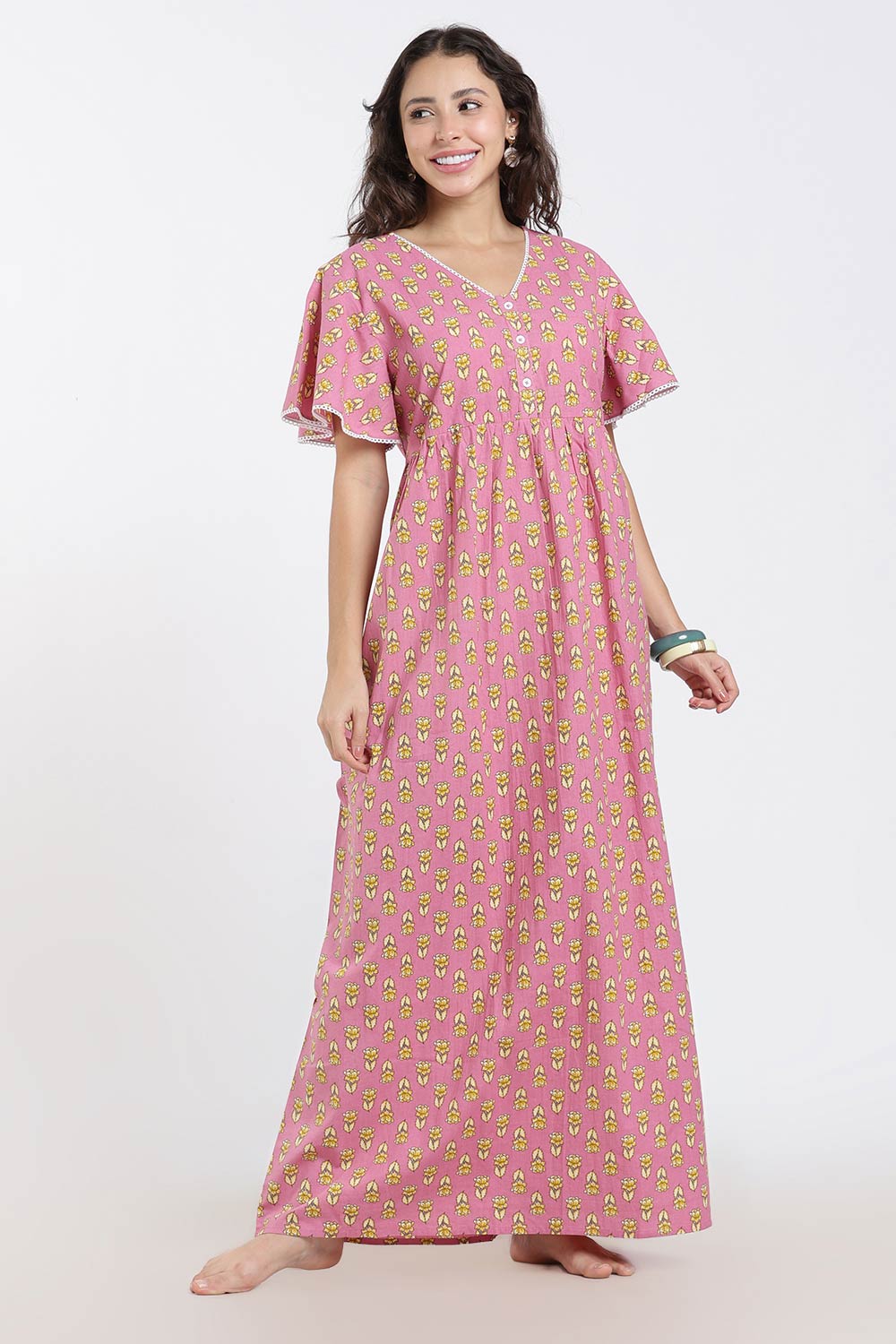 Naidu Hall Printed Cotton Nighty for Women – Full Length Flared A-Line Sleepwear with Lace V-Neck & Button Placket | Comfortable Daily Wear Nighty
 - NB44