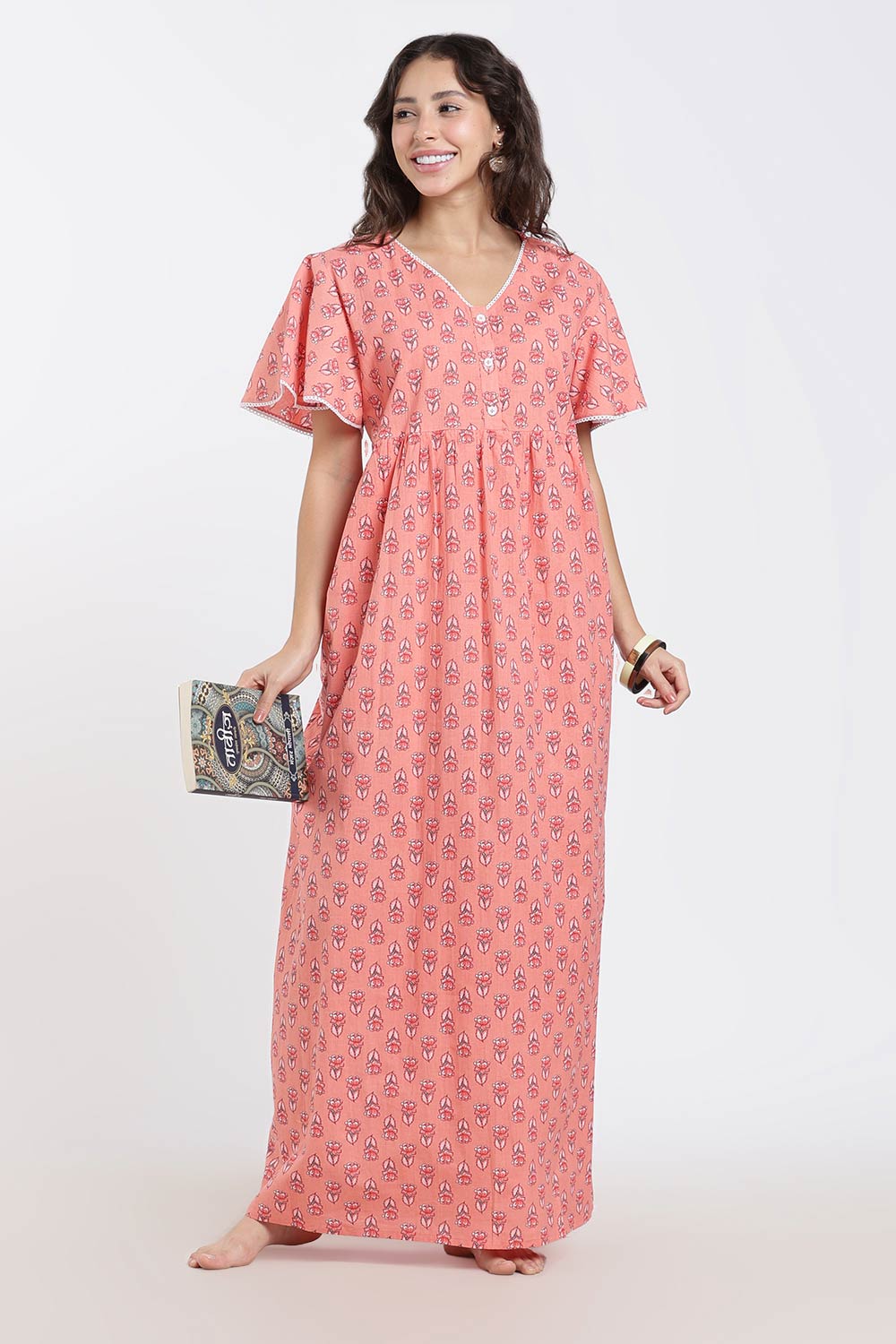 Naidu Hall Printed Cotton Nighty for Women – Full Length Flared A-Line Sleepwear with Lace V-Neck & Button Placket | Comfortable Daily Wear Nighty
 - NB44