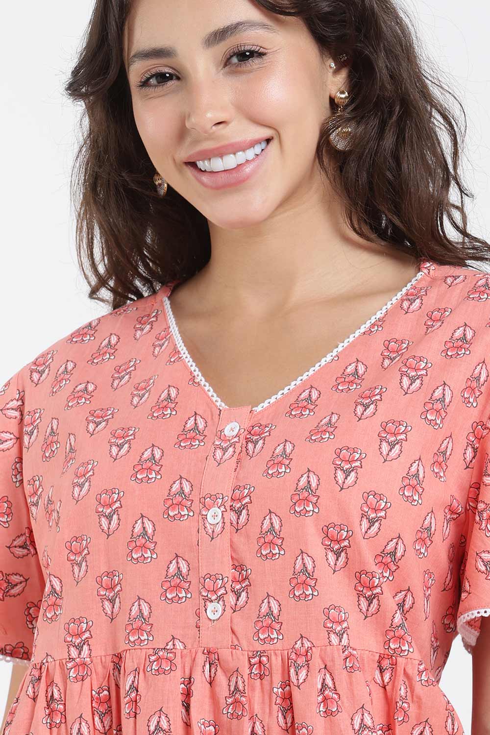 Naidu Hall Printed Cotton Nighty for Women – Full Length Flared A-Line Sleepwear with Lace V-Neck & Button Placket | Comfortable Daily Wear Nighty
 - NB44