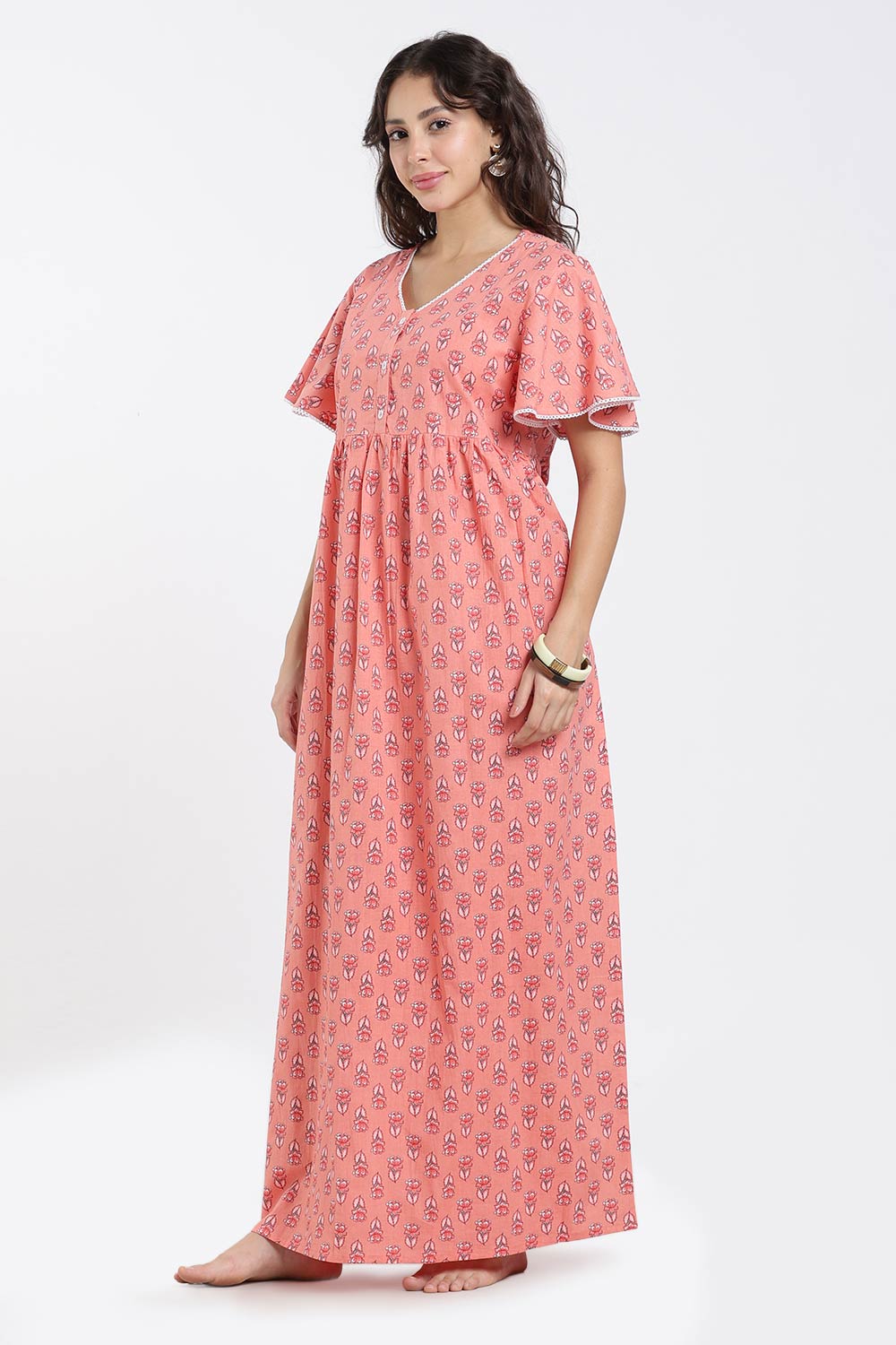 Naidu Hall Printed Cotton Nighty for Women – Full Length Flared A-Line Sleepwear with Lace V-Neck & Button Placket | Comfortable Daily Wear Nighty
 - NB44