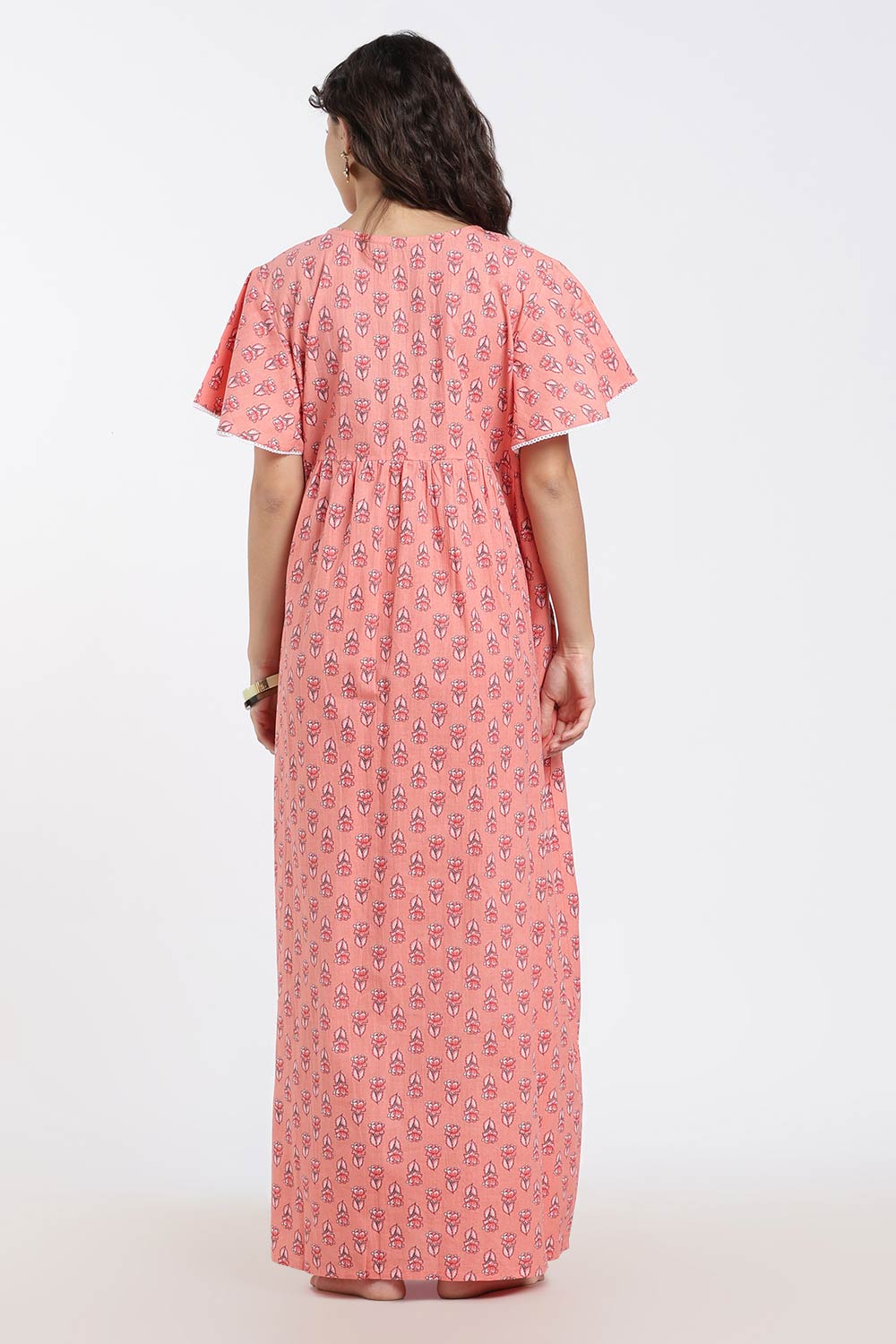 Naidu Hall Printed Cotton Nighty for Women – Full Length Flared A-Line Sleepwear with Lace V-Neck & Button Placket | Comfortable Daily Wear Nighty
 - NB44