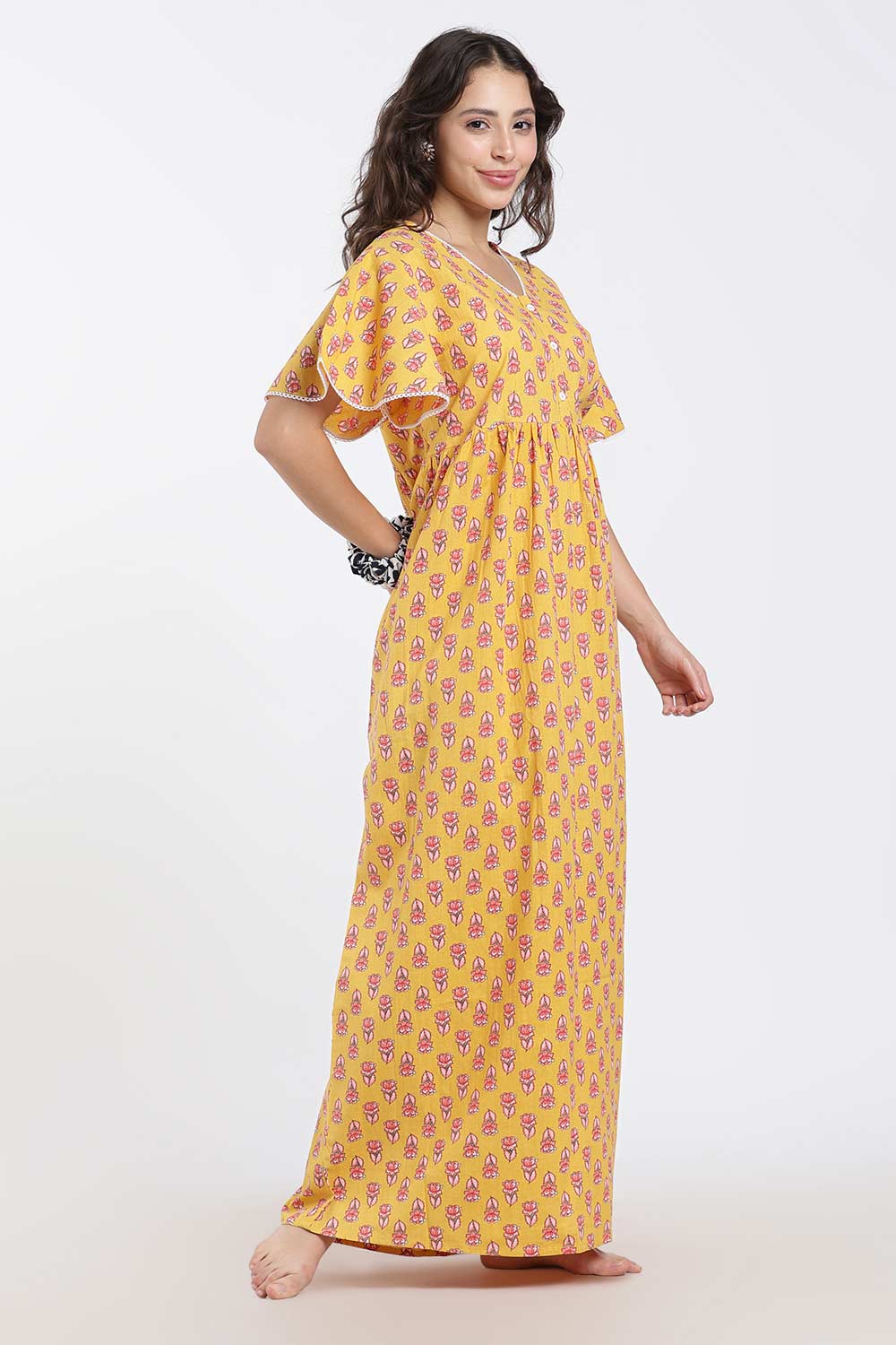 Naidu Hall Printed Cotton Nighty for Women – Full Length Flared A-Line Sleepwear with Lace V-Neck & Button Placket | Comfortable Daily Wear Nighty
 - NB44