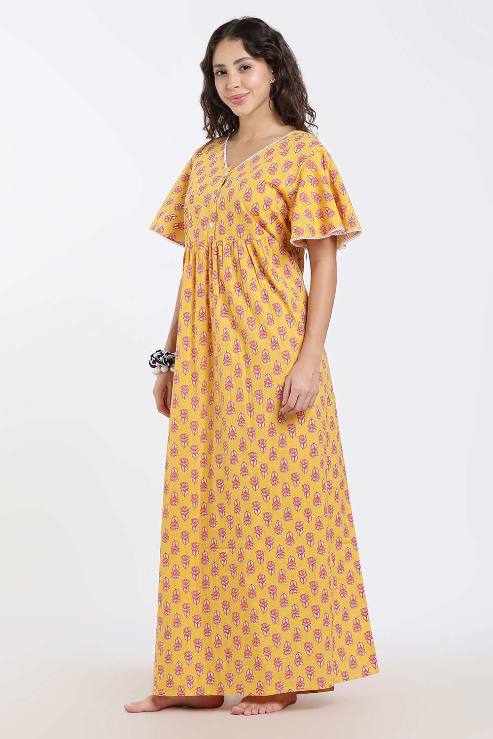 Naidu Hall Printed Cotton Nighty for Women – Full Length Flared A-Line Sleepwear with Lace V-Neck & Button Placket | Comfortable Daily Wear Nighty
 - NB44