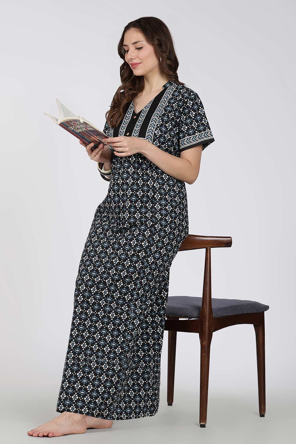Naidu Hall Printed Cotton Nighty for Women – Full Length Relax Fit Sleepwear with Mandarin Collar & Panel Design | Comfortable Daily Wear Nighty
 - NB45