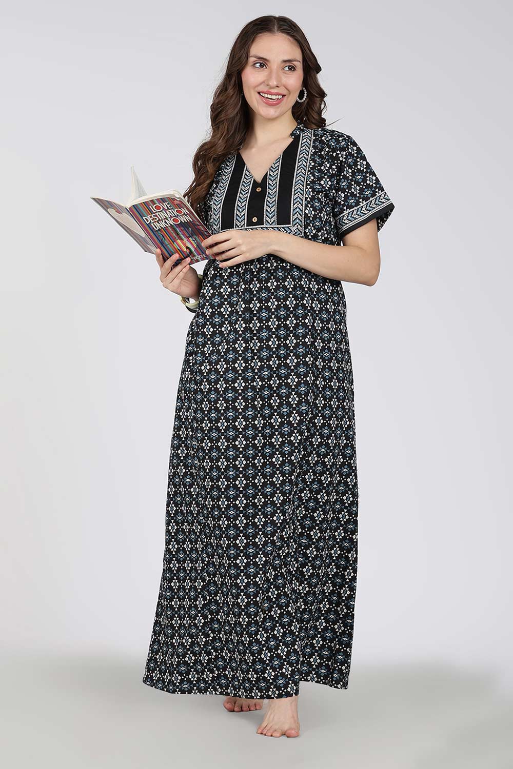 Naidu Hall Printed Cotton Nighty for Women – Full Length Relax Fit Sleepwear with Mandarin Collar & Panel Design | Comfortable Daily Wear Nighty
 - NB45