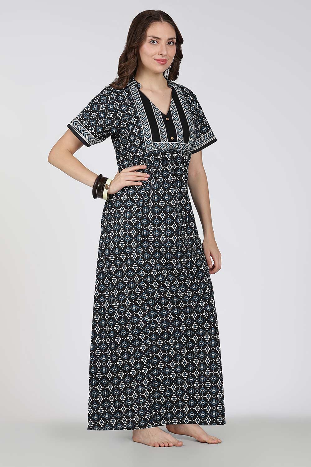 Naidu Hall Printed Cotton Nighty for Women – Full Length Relax Fit Sleepwear with Mandarin Collar & Panel Design | Comfortable Daily Wear Nighty
 - NB45