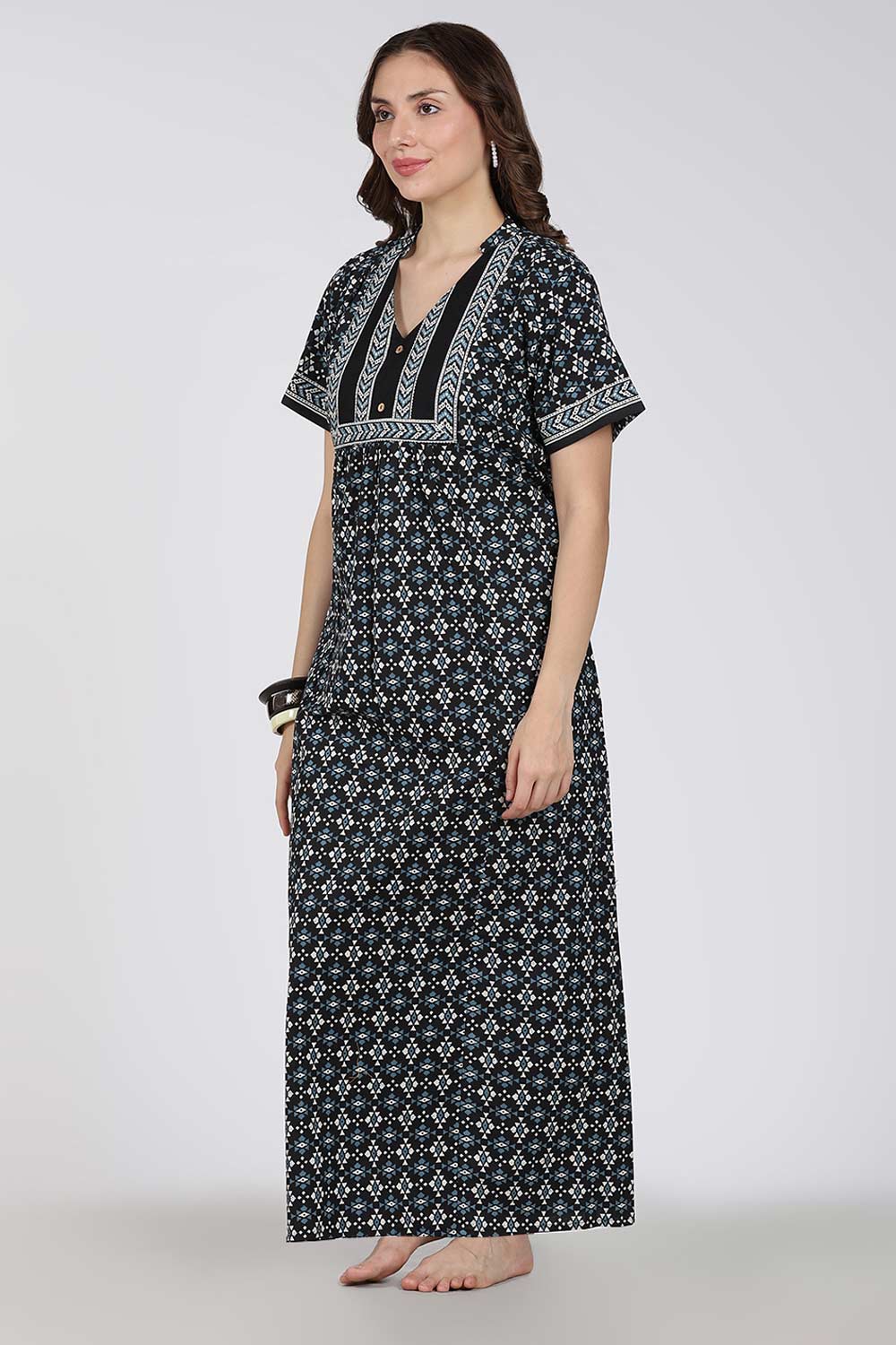 Naidu Hall Printed Cotton Nighty for Women – Full Length Relax Fit Sleepwear with Mandarin Collar & Panel Design | Comfortable Daily Wear Nighty
 - NB45
