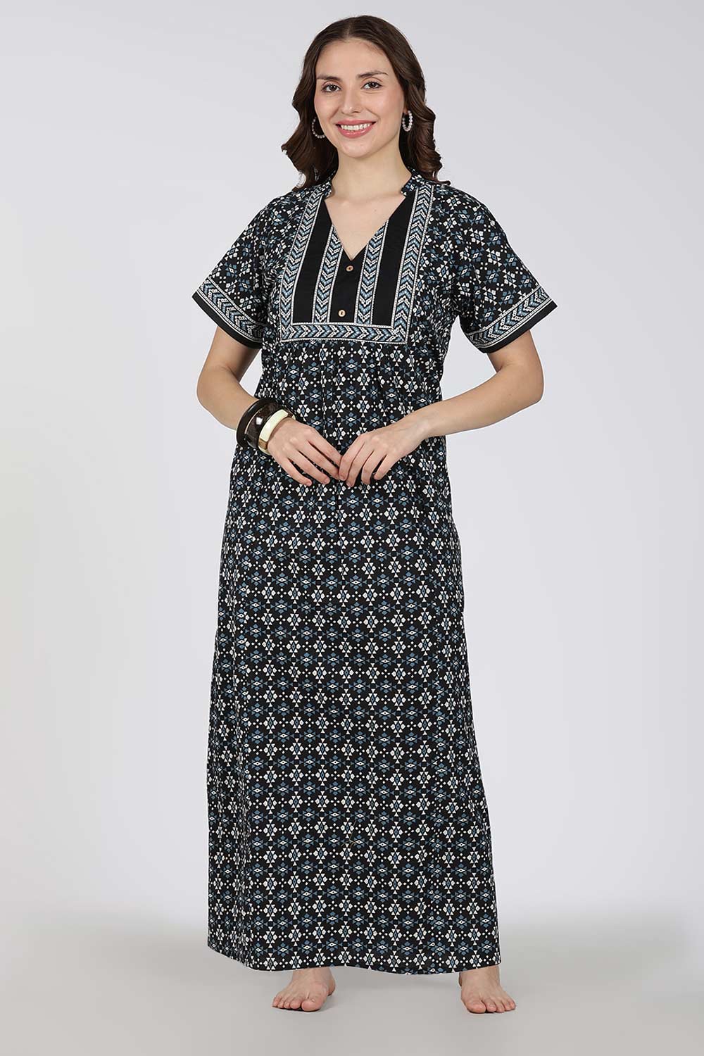 Naidu Hall Printed Cotton Nighty for Women – Full Length Relax Fit Sleepwear with Mandarin Collar & Panel Design | Comfortable Daily Wear Nighty
 - NB45