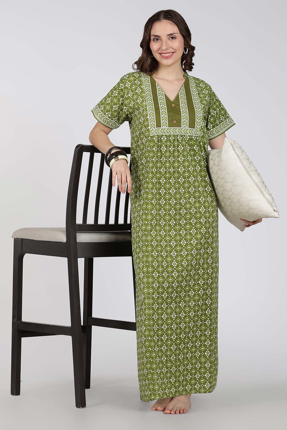 Naidu Hall Printed Cotton Nighty for Women – Full Length Relax Fit Sleepwear with Mandarin Collar & Panel Design | Comfortable Daily Wear Nighty
 - NB45