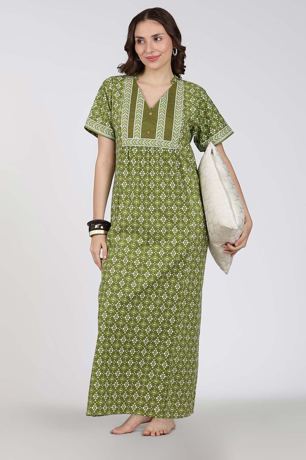 Naidu Hall Printed Cotton Nighty for Women – Full Length Relax Fit Sleepwear with Mandarin Collar & Panel Design | Comfortable Daily Wear Nighty
 - NB45