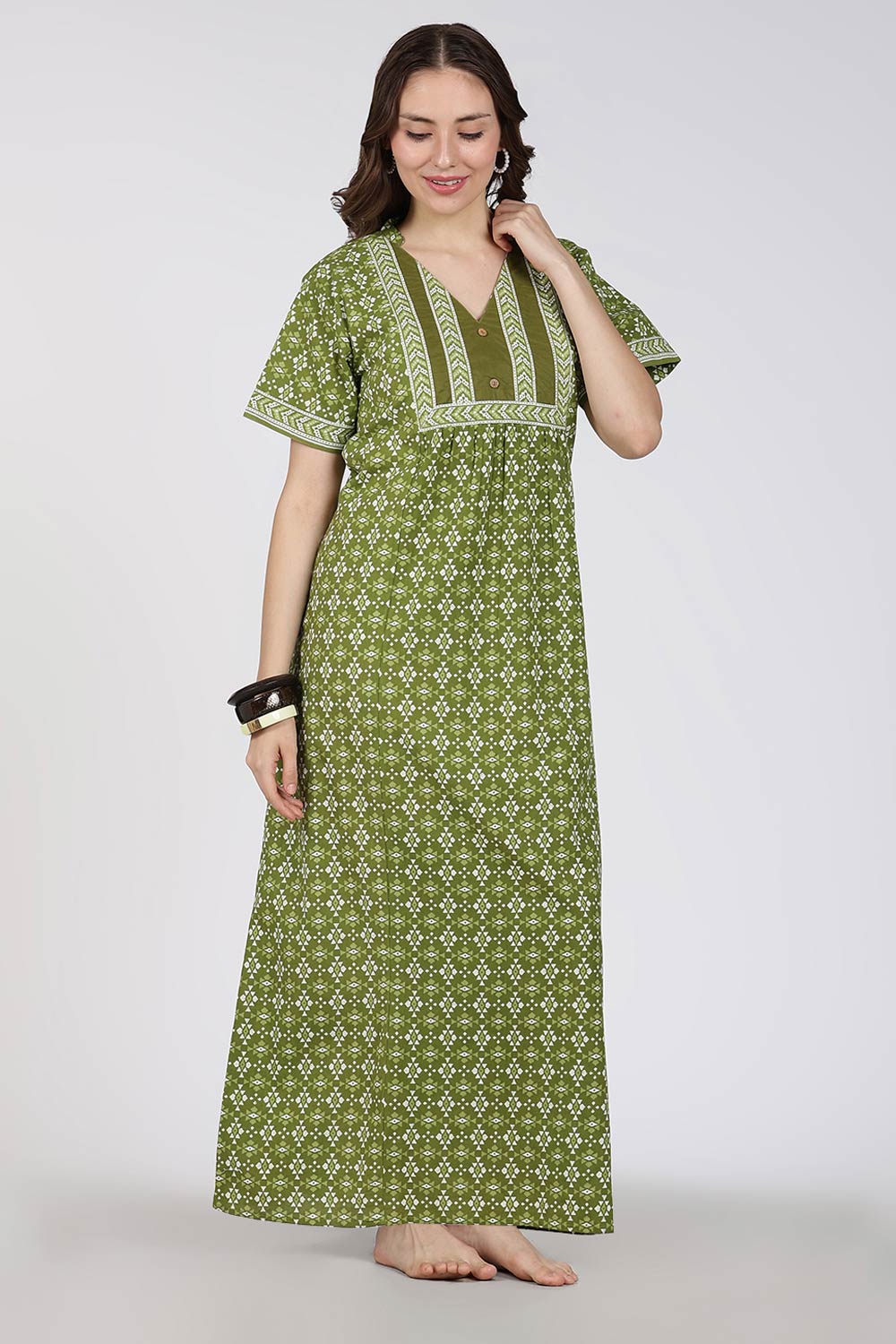 Naidu Hall Printed Cotton Nighty for Women – Full Length Relax Fit Sleepwear with Mandarin Collar & Panel Design | Comfortable Daily Wear Nighty
 - NB45