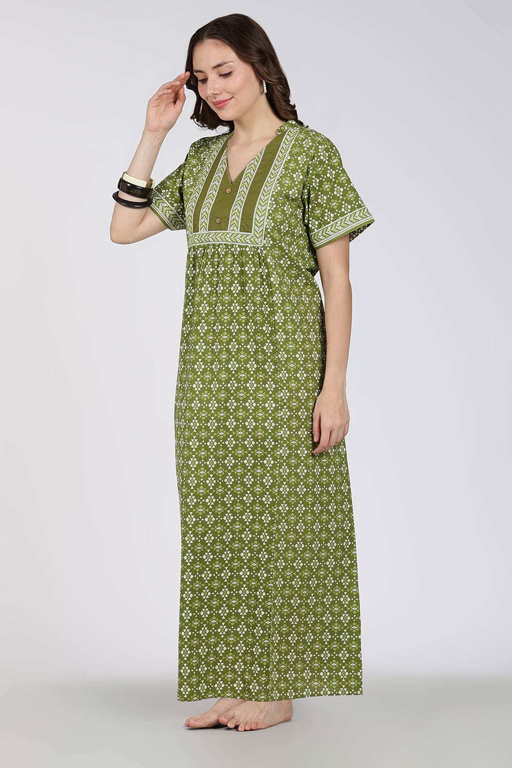 Naidu Hall Printed Cotton Nighty for Women – Full Length Relax Fit Sleepwear with Mandarin Collar & Panel Design | Comfortable Daily Wear Nighty
 - NB45
