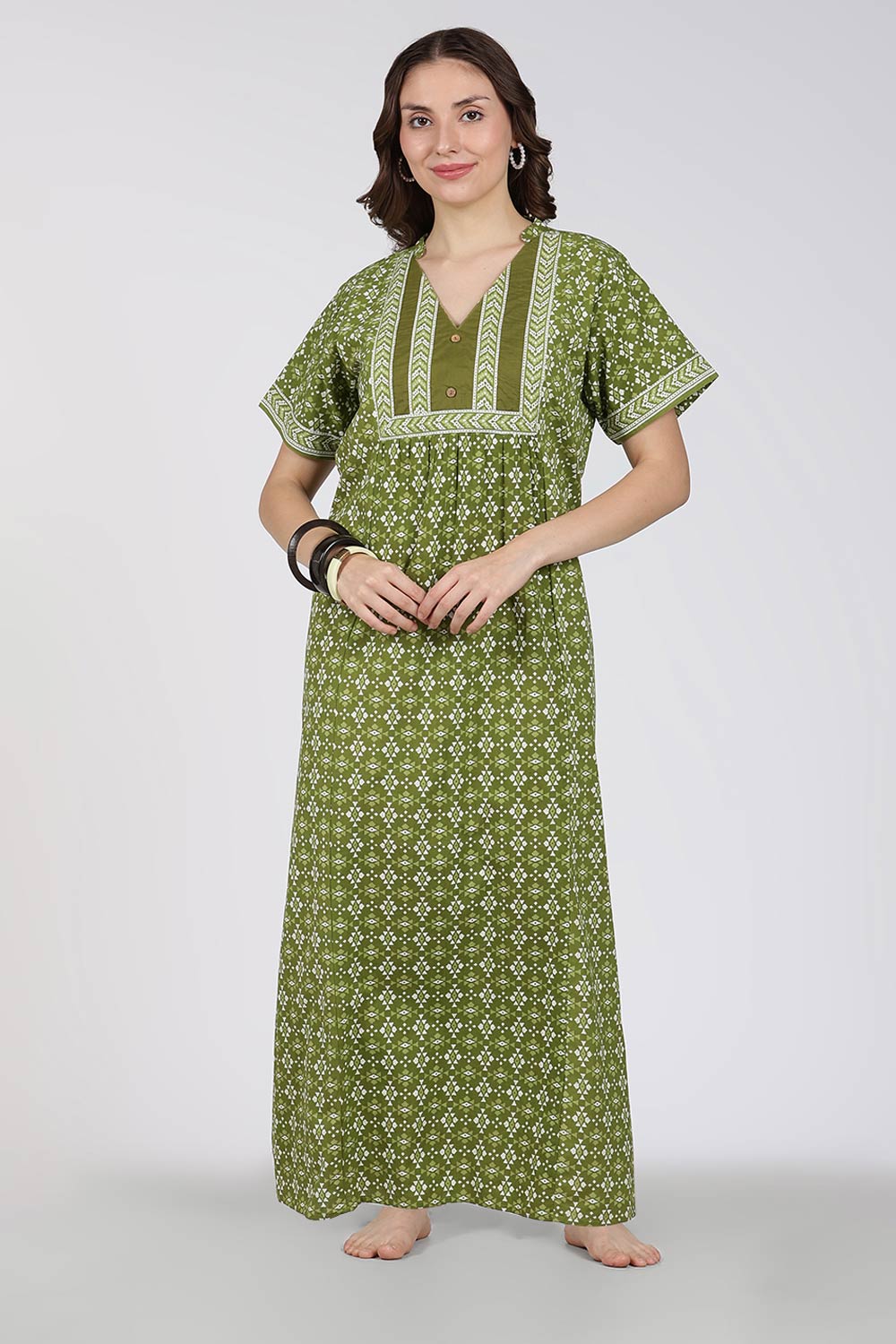 Naidu Hall Printed Cotton Nighty for Women – Full Length Relax Fit Sleepwear with Mandarin Collar & Panel Design | Comfortable Daily Wear Nighty
 - NB45