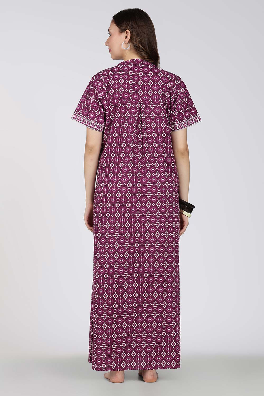Naidu Hall Printed Cotton Nighty for Women – Full Length Relax Fit Sleepwear with Mandarin Collar & Panel Design | Comfortable Daily Wear Nighty
 - NB45