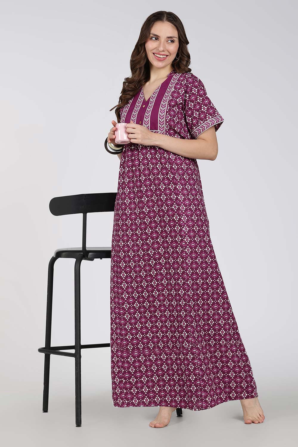 Naidu Hall Printed Cotton Nighty for Women – Full Length Relax Fit Sleepwear with Mandarin Collar & Panel Design | Comfortable Daily Wear Nighty
 - NB45