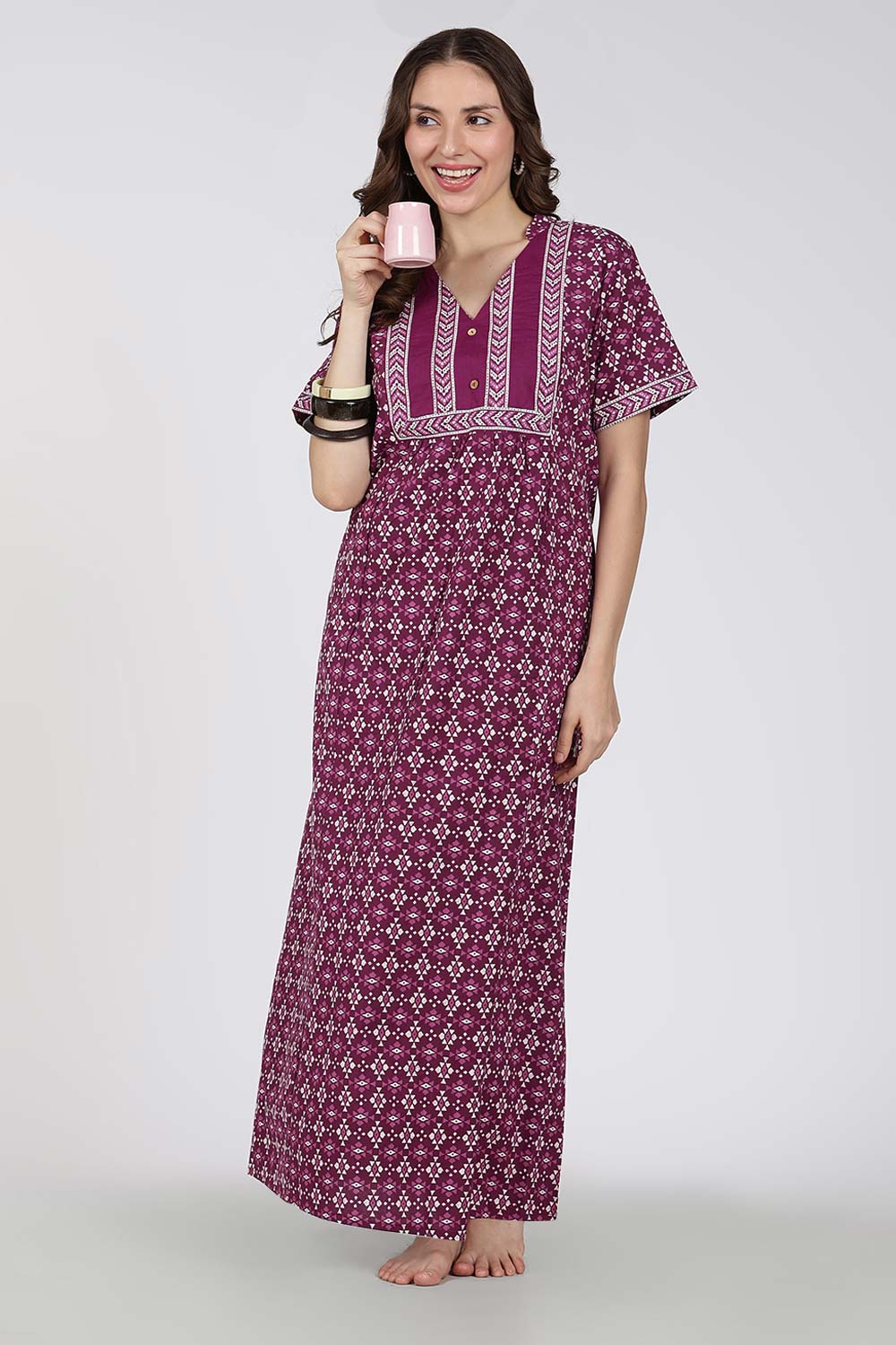 Naidu Hall Printed Cotton Nighty for Women – Full Length Relax Fit Sleepwear with Mandarin Collar & Panel Design | Comfortable Daily Wear Nighty
 - NB45