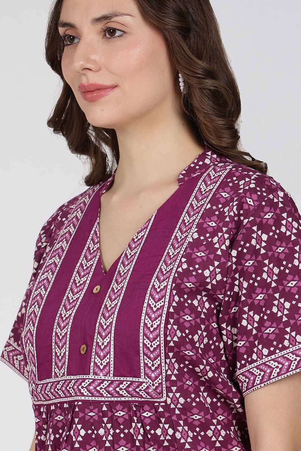 Naidu Hall Printed Cotton Nighty for Women – Full Length Relax Fit Sleepwear with Mandarin Collar & Panel Design | Comfortable Daily Wear Nighty
 - NB45