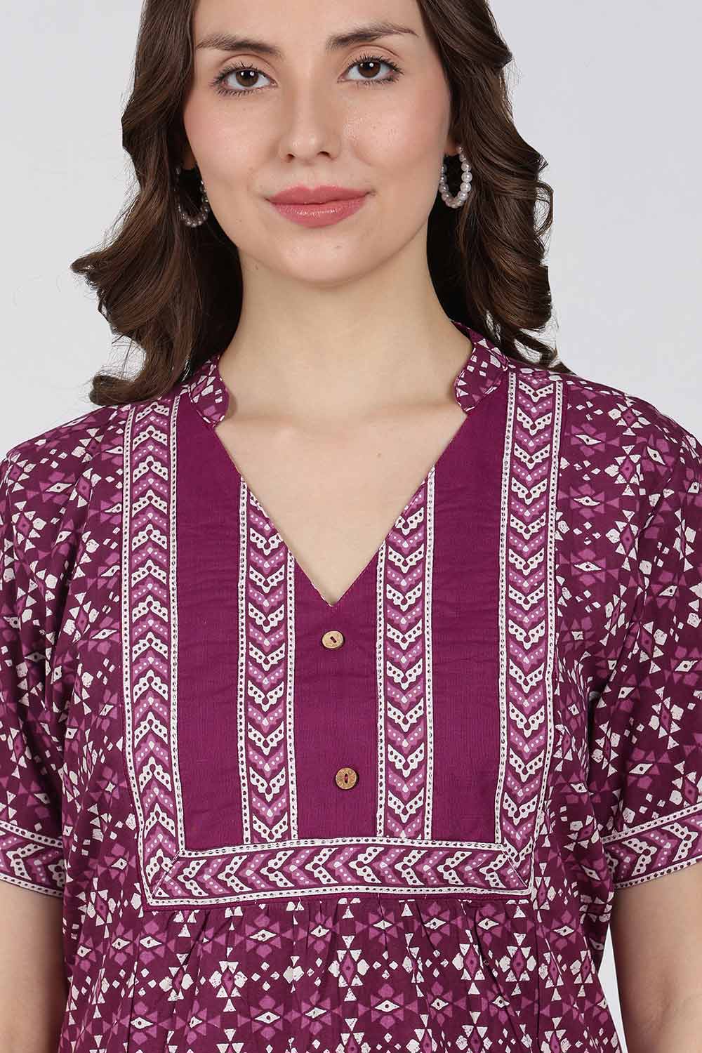 Naidu Hall Printed Cotton Nighty for Women – Full Length Relax Fit Sleepwear with Mandarin Collar & Panel Design | Comfortable Daily Wear Nighty
 - NB45