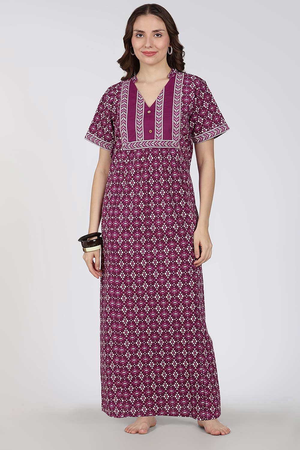 Naidu Hall Printed Cotton Nighty for Women – Full Length Relax Fit Sleepwear with Mandarin Collar & Panel Design | Comfortable Daily Wear Nighty
 - NB45