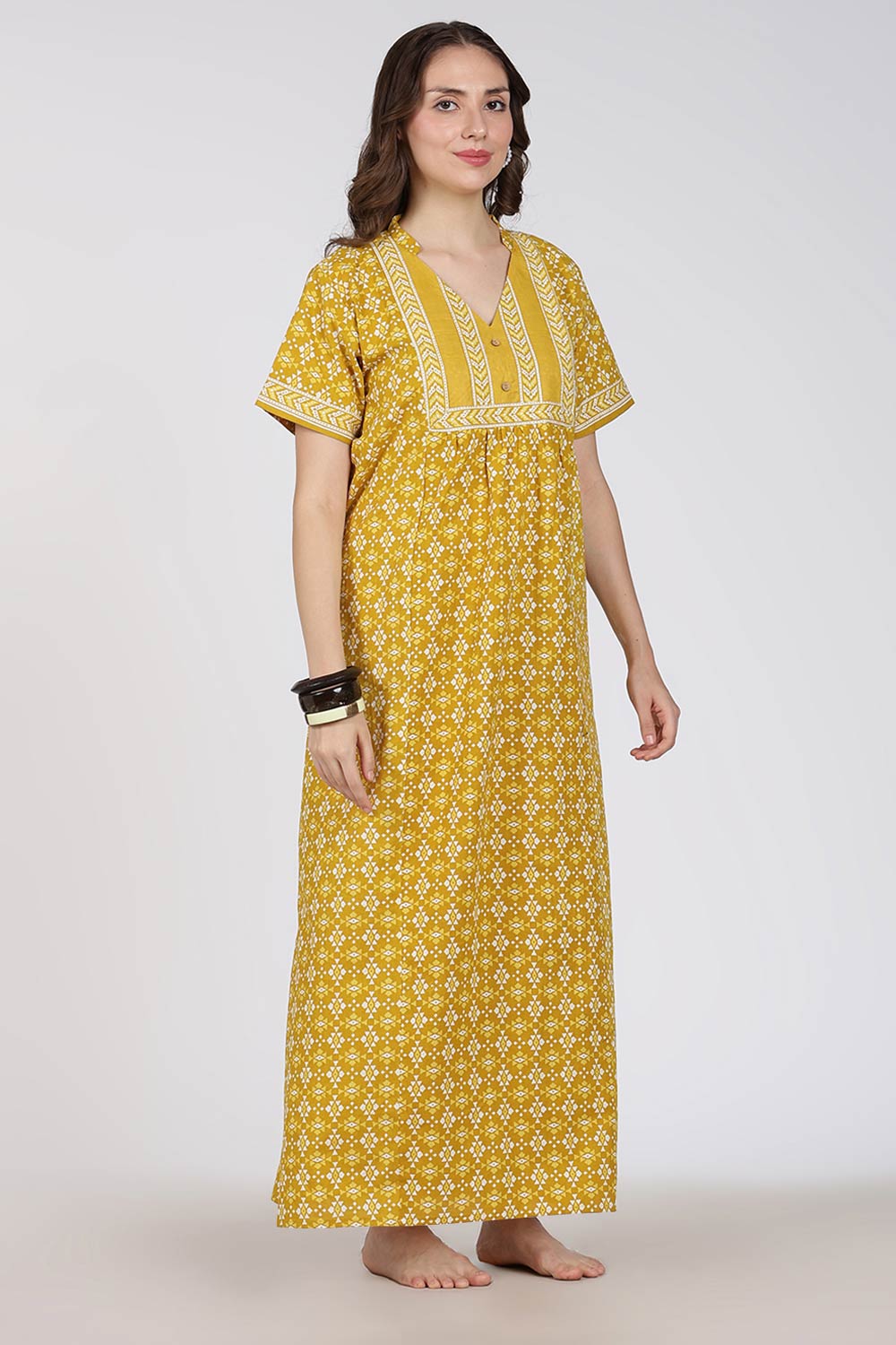 Naidu Hall Printed Cotton Nighty for Women – Full Length Relax Fit Sleepwear with Mandarin Collar & Panel Design | Comfortable Daily Wear Nighty
 - NB45